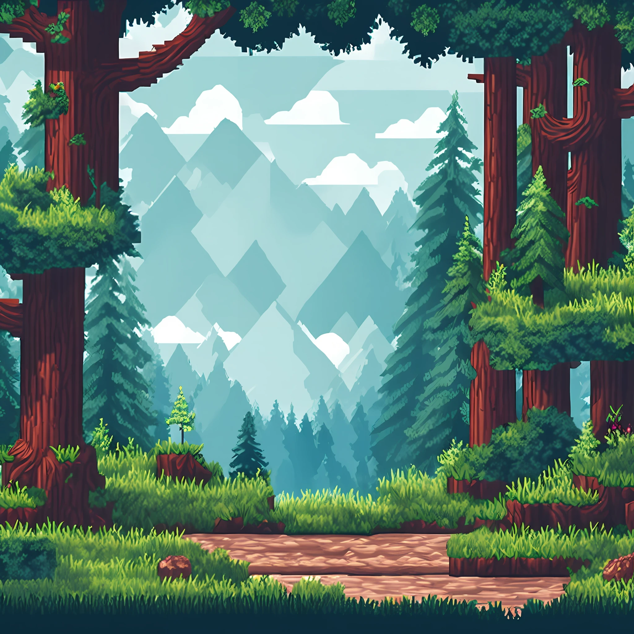 2D retro gaming platform with 32-bit resolution and realistic pixel art. Beautiful forest background with ring in the foreground. Official retro video game scenario.