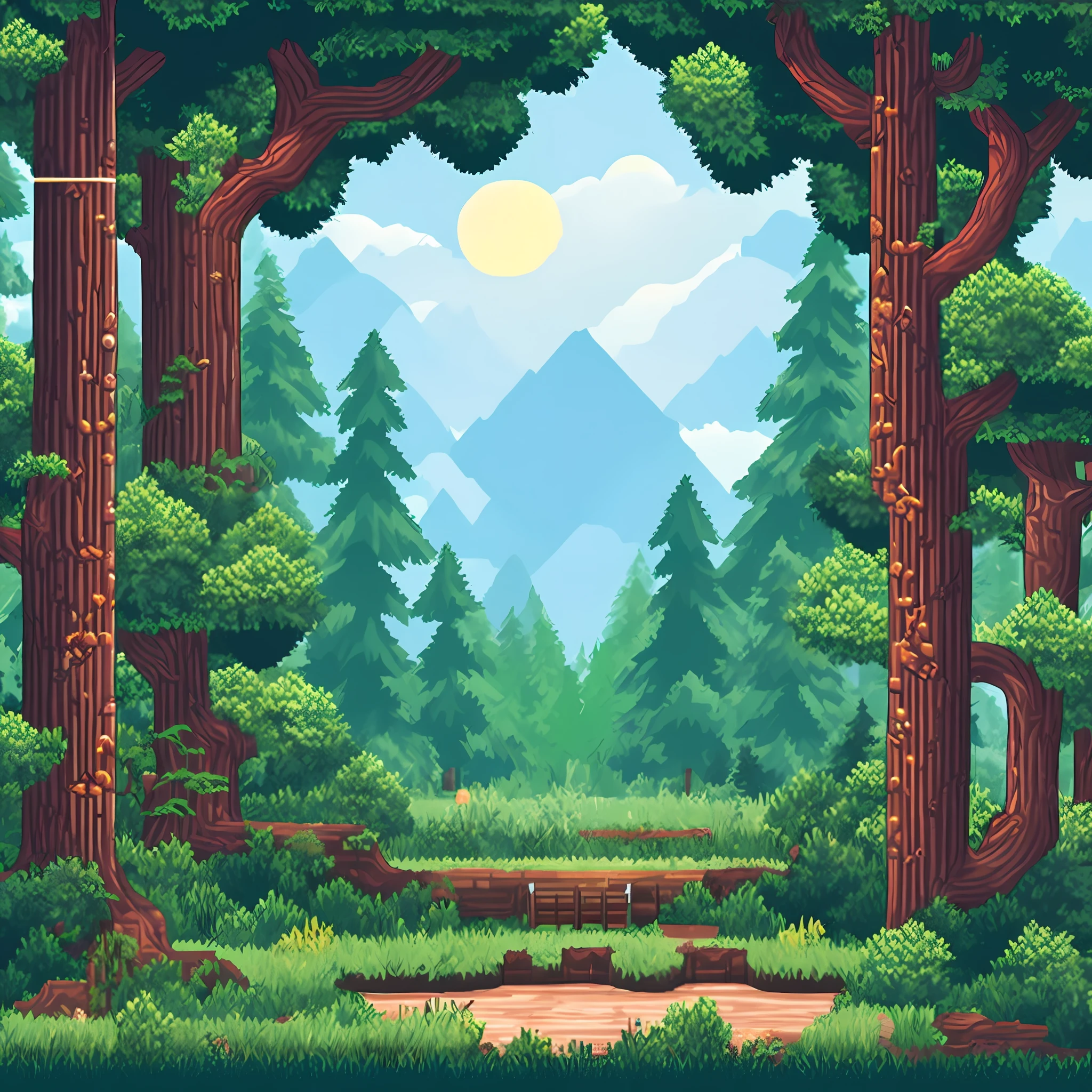 2D retro gaming platform with 32-bit resolution and realistic pixel art. Beautiful forest background with ring in the foreground. Official retro video game scenario.