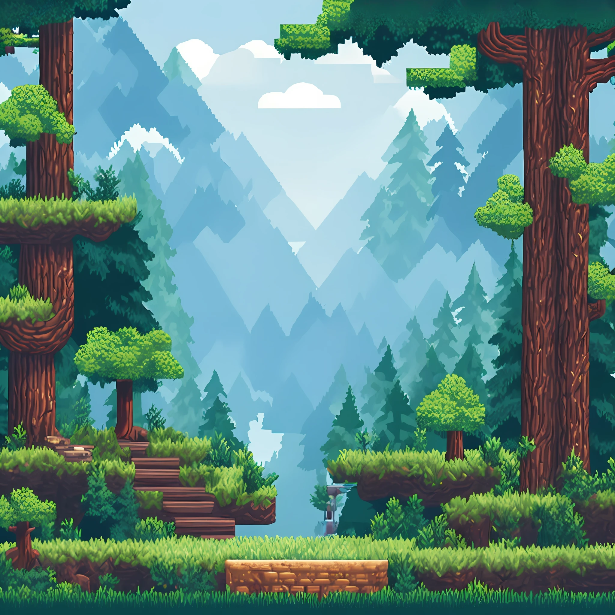 2D retro gaming platform with 32-bit resolution and realistic pixel art. Beautiful forest background with ring in the foreground. Official retro video game scenario.