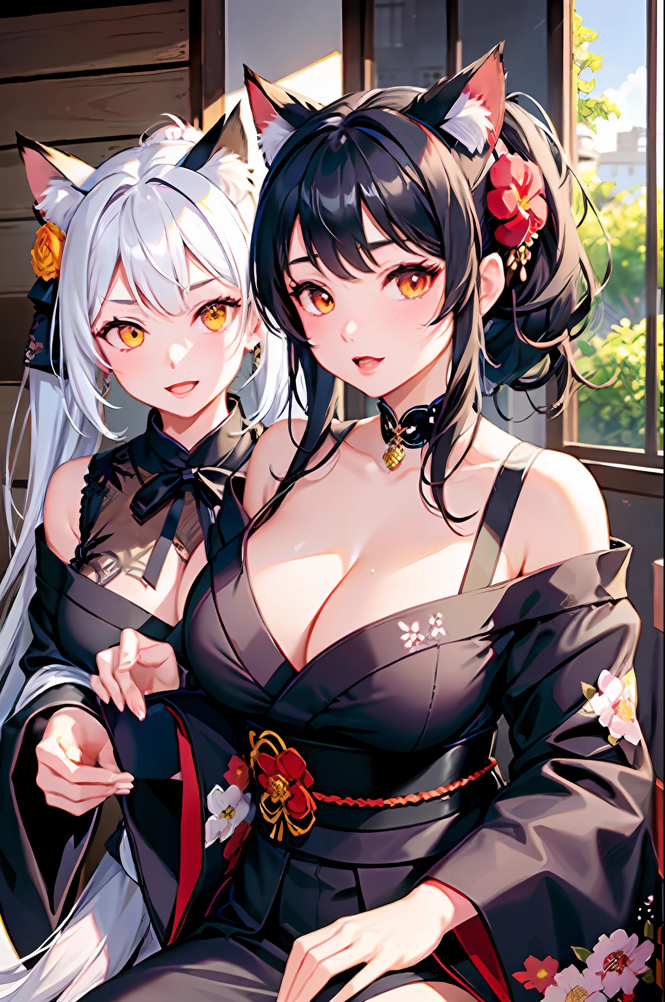 Masterpiece, high resolution, high quality, 2 girls, bouquet, black kimono, big breasts, cat ears, floral pattern, red eyes, black hair, ponytail, white kimono, big breasts, cat ears, floral pattern, yellow eyes, white hair, twin tails