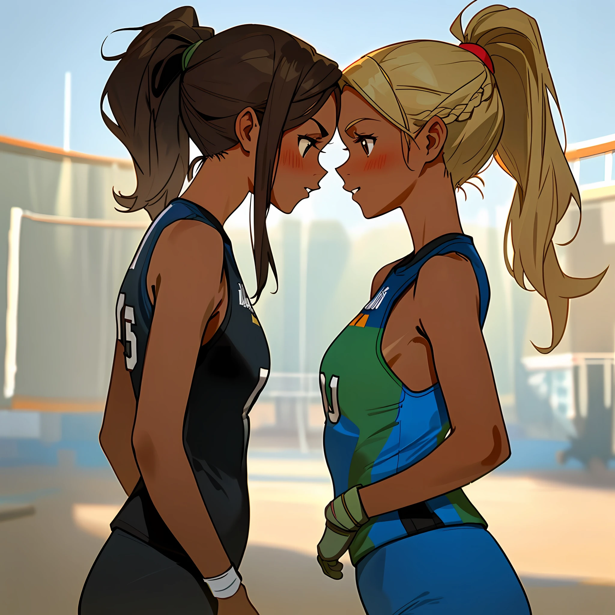 2woman kissing, in volleyball suits, sleeveless, side by side at the same height, (a brunette, tanned) (a blonde with a ponytail), small breasts touching, masterpiece, best quality, amazing shadows, detailed background