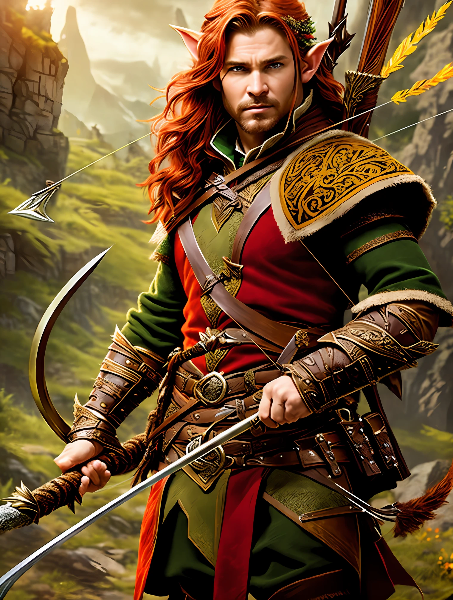 A masterfully crafted and intricate fantasy portrait that depicts a rugged and determined middle-aged elf ranger, dressed in earthy hues, sporting vibrant red hair, wielding a bow and arrow with fierce precision, and holding a short sword with a determined gaze fixed on his target.