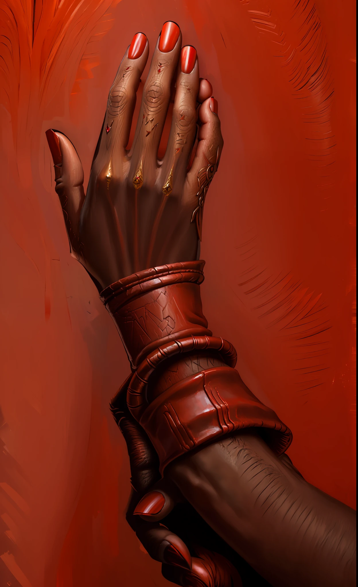 (((Masterpiece))), (((Best Quality: 1.4))), ((Super Detail: 1.4)) , hyper detailed oil on canvas painting of a Tiefling hand, red skintone, undertones, long realistic sharp nails, hyper detailed fingers, dynamic, detailed textures