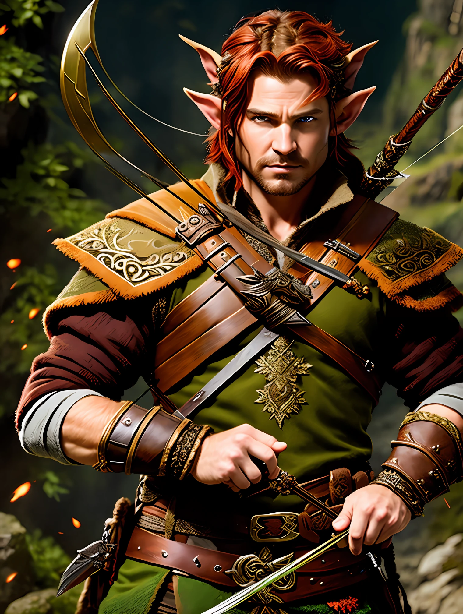 A masterfully crafted and intricate fantasy portrait that depicts a rugged and determined middle-aged elf ranger, dressed in earthy hues, sporting vibrant red hair, wielding a bow and arrow with fierce precision, and holding a short sword with a determined gaze fixed on his target.