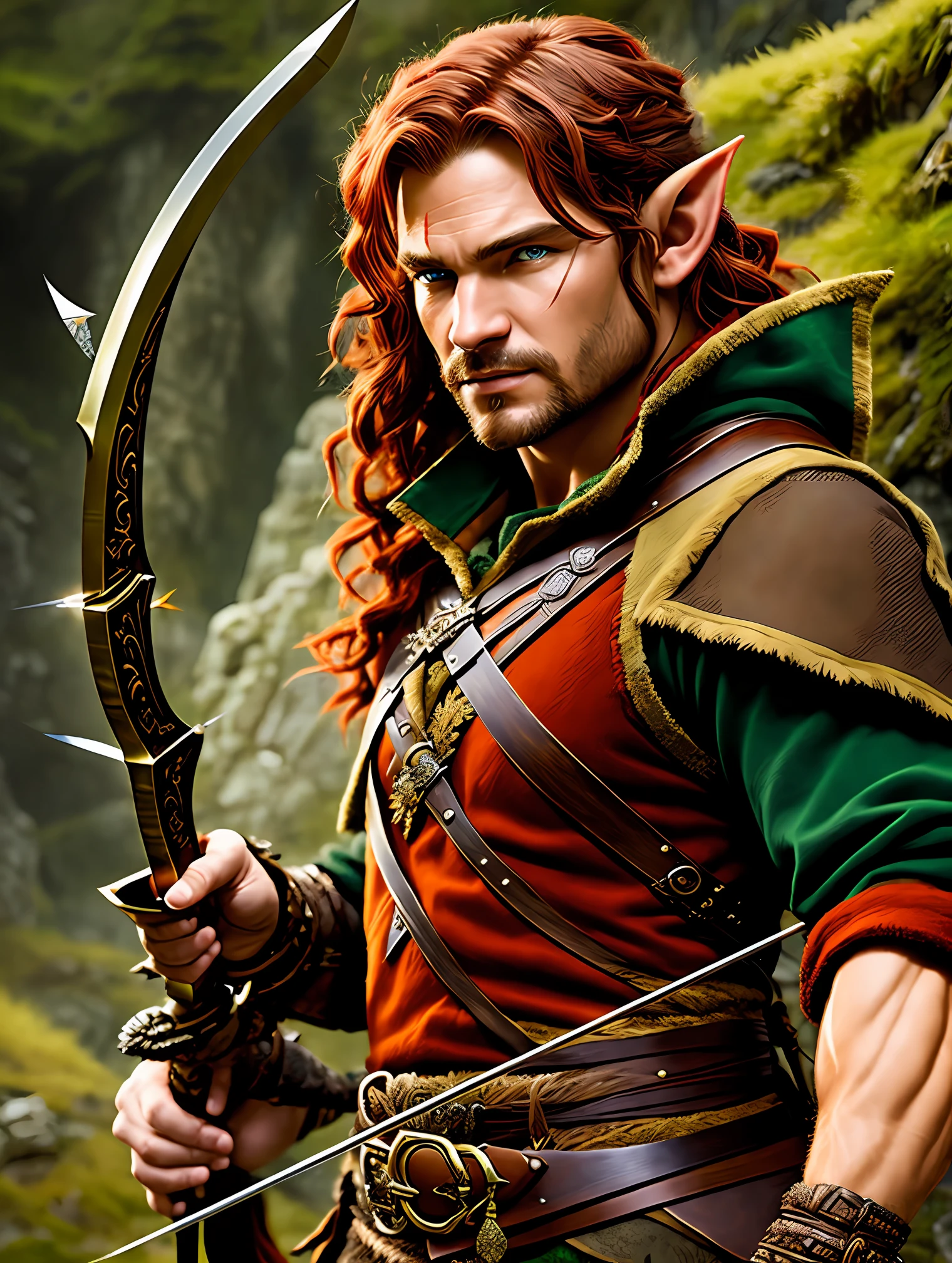 A masterfully crafted and intricate fantasy portrait that depicts a rugged and determined middle-aged elf ranger, dressed in earthy hues, sporting vibrant red hair, wielding a bow and arrow with fierce precision, and holding a short sword with a determined gaze fixed on his target.