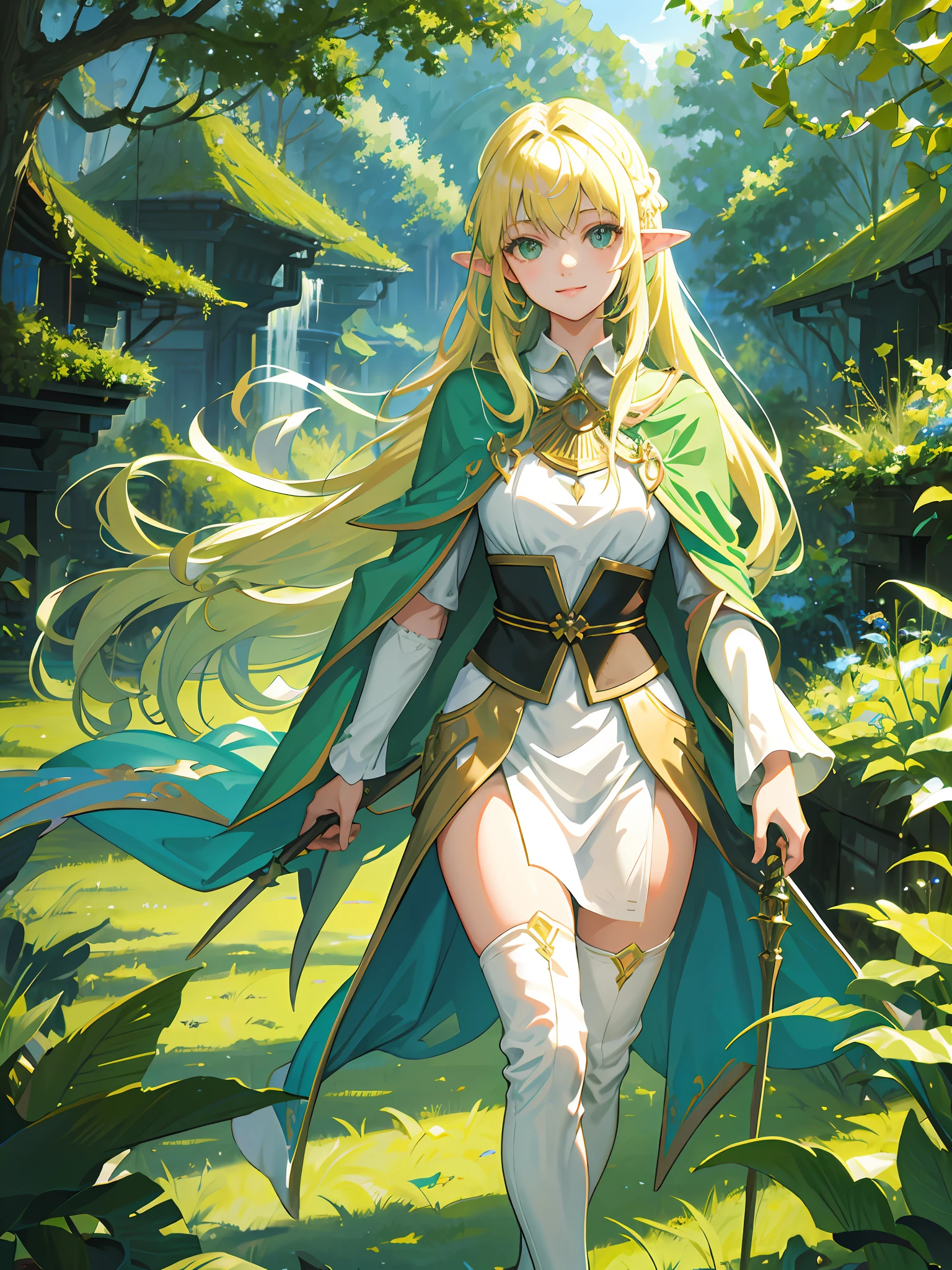 ((Masterpiece, highest quality, beautiful paint)), one woman, beautiful blonde long straight hair, fine bright green eyes, long ears, fine green cloak armor, smile, forest, sunlight through trees, walking, breeze, fluttering leaves, entp
