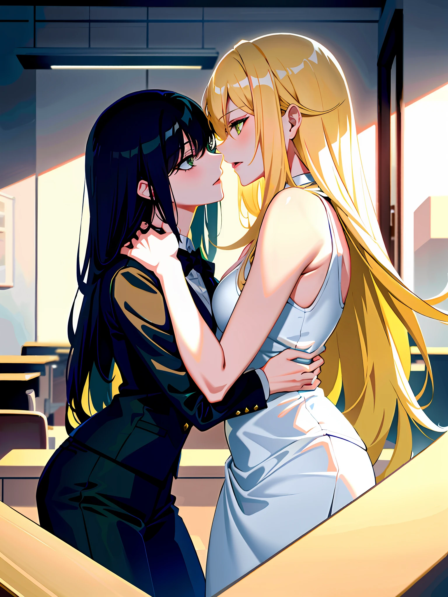 2woman kissing in sexy office suits, at corporation office, (a dark hair, green eye, white skin), (a blonde, long hair with bangs), small breasts, masterpiece, best quality, amazing shadows, detailed background, side shot,