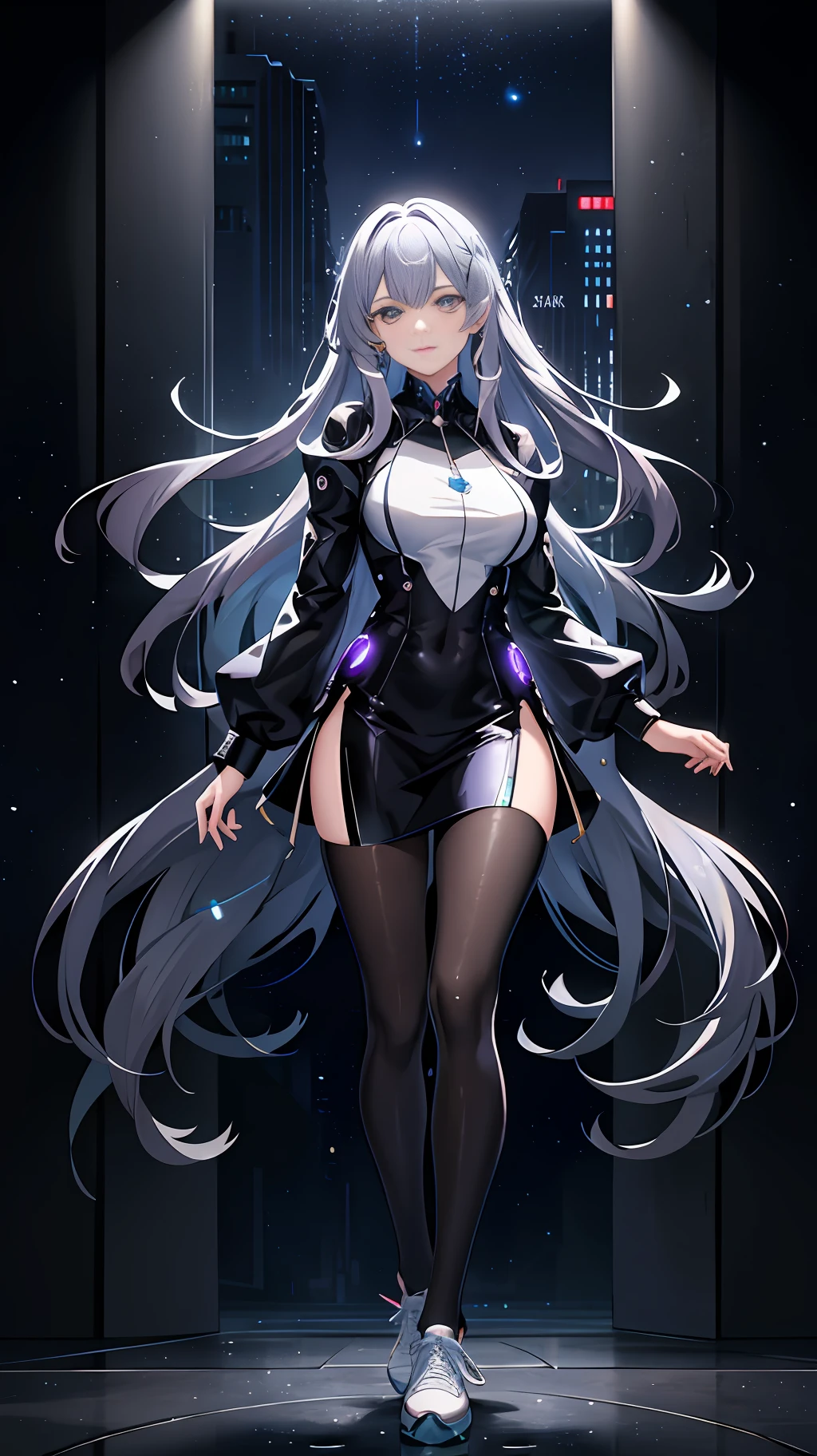 Beautiful girl, in a futuristic city, raining, reflecting puddles, holding cell phone, incredibly detailed eyes, large breasts, gray blouse, stylized skirt, sparkling violet hair, amazing lighting, sneakers, incredibly long hair, immersive and detailed scenery, extremely starry sky, full moon, colorful clouds, (((best quality))) 8k wallpaper,