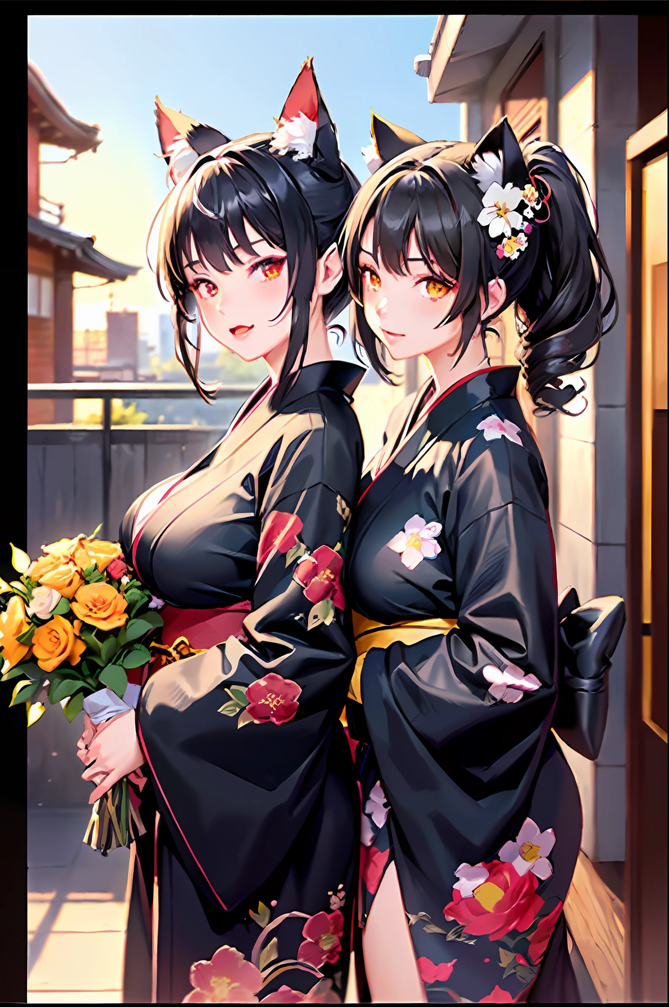 (Masterpiece), (Highest Resolution), (Best Quality), (2 Girls), (Bouquet), (Black Kimono, Big Breasts, Cat Ears, Floral Pattern, Red Eyes, Black Hair, Ponytail), (White Kimono, Big Breasts, Cat Ears, Floral Pattern, Yellow Eyes, White Hair, Twin Tails)
