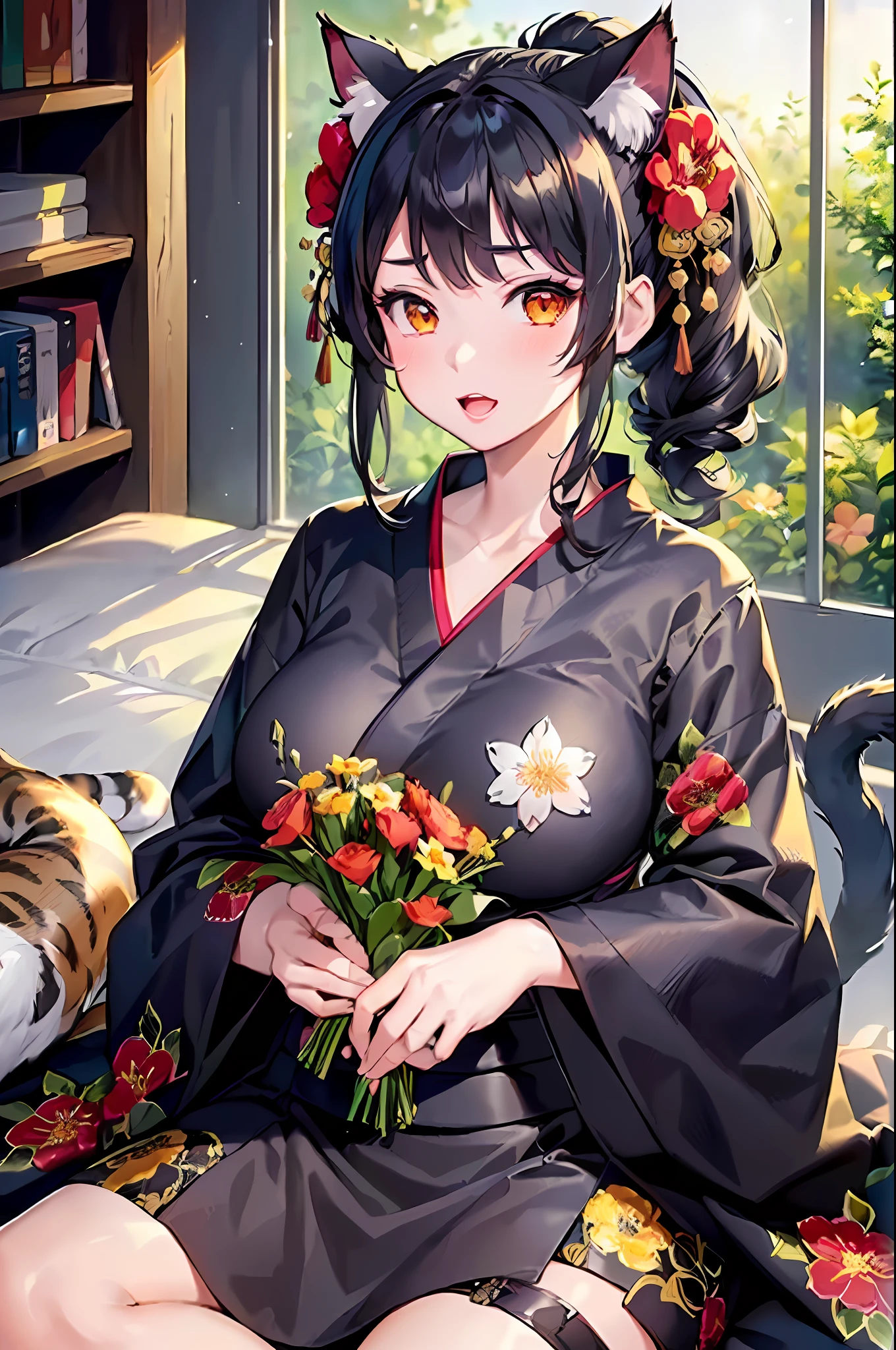 (Masterpiece), (Highest Resolution), (Best Quality), (2 Girls), (Bouquet), (Black Kimono, Big Breasts, Cat Ears, Floral Pattern, Red Eyes, Black Hair, Ponytail), (White Kimono, Big Breasts, Cat Ears, Floral Pattern, Yellow Eyes, White Hair, Twin Tails)