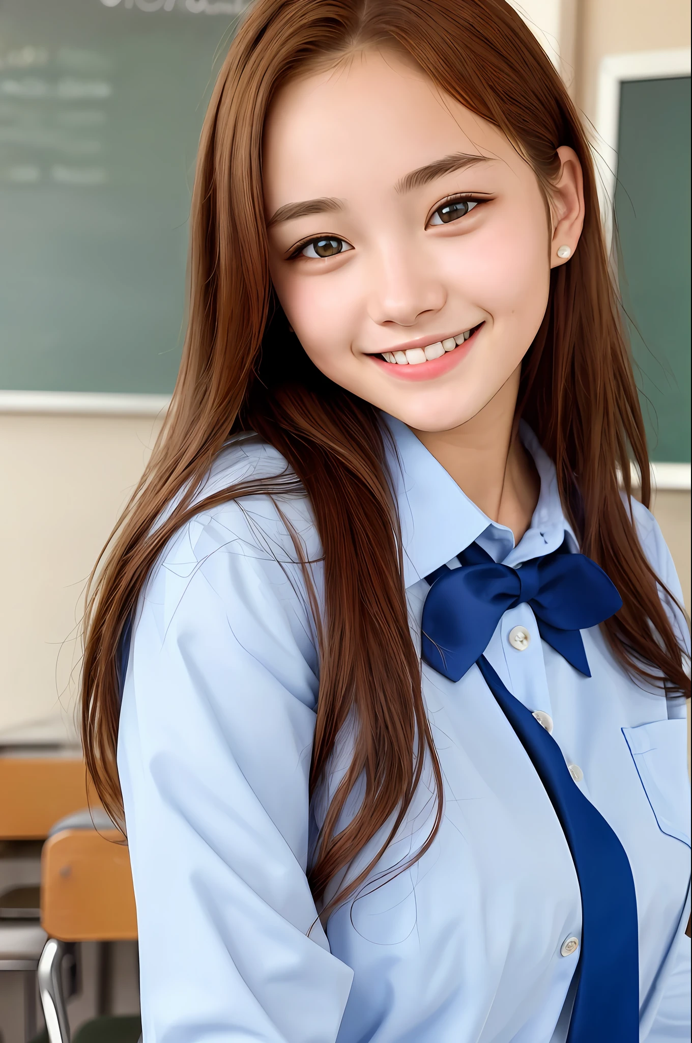 girl single, beautiful face, 18 years old, smiling, looking viewer, school uniform, uniform, photo, realistic, best quality, adopted, detailed face, classroom, detailed background, diffuse lighting, depth of field, bokeh