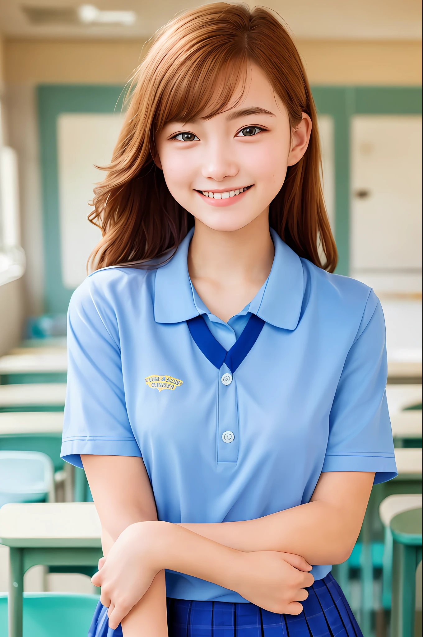 girl single, beautiful face, 18 years old, smiling, looking viewer, school uniform, uniform, photo, realistic, best quality, adopted, detailed face, classroom, detailed background, diffuse lighting, depth of field, bokeh