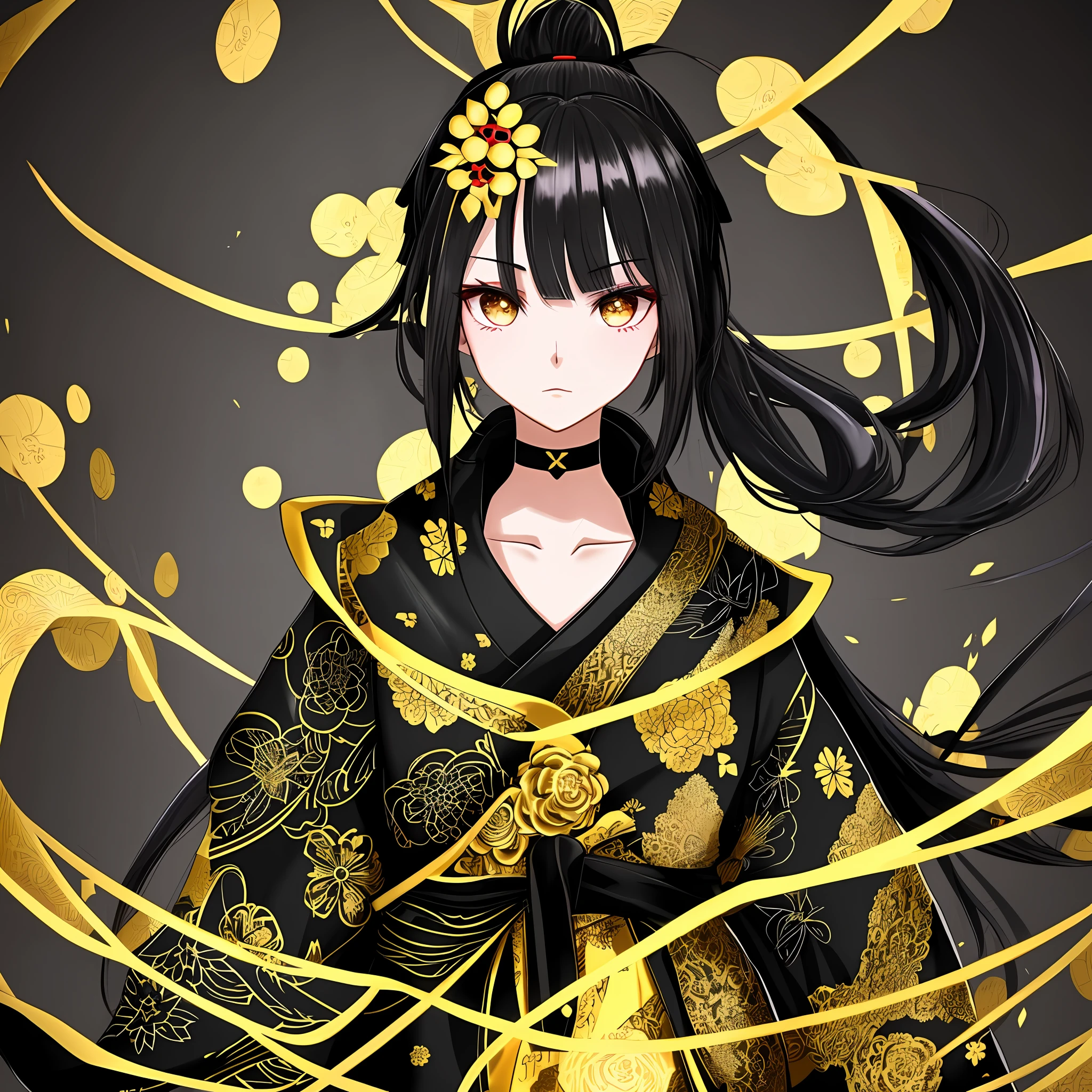 "A beautiful girl in a black kimono with gold edging stands half-sideways to the camera. Black hair is decorated with a ponytail on his head. The eyes are gray. The result is an avatar that is aesthetically pleasing and beautiful.