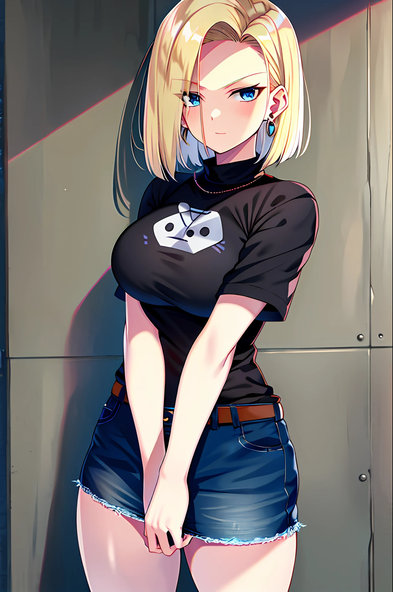 best quality, highres, and18, 1girl, android 18, solo, blonde hair, blue eyes, short hair, earrings, jewelry, big breasts, cowboy shot, street, tight black shirt, hard nipps , oiled body