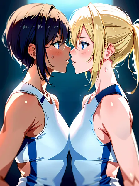 2woman kissing side by side, in white and blue volleyball suits, sleeveless, at the same height, (a brunette, tanned) (a blonde)...