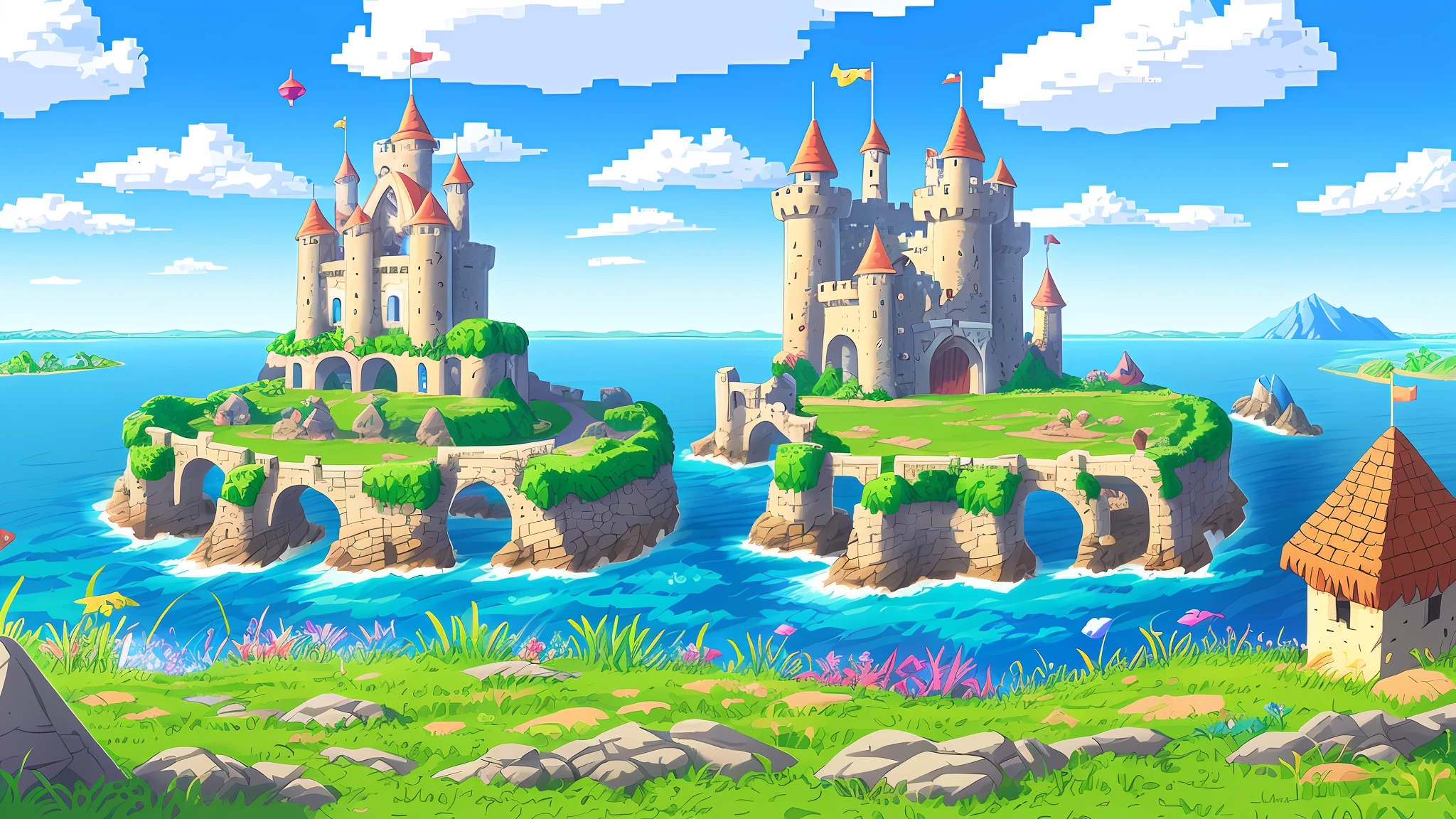 a close up of a cartoon castle on a grassy field, island background, game background, pixel art animation, made in rpg maker, videogame background, high quality pixel art, epic background, beautiful detailed pixel art, ocean in the background, random background scene, mobile game background, view(full body + zoomed out), distant background, rpg background, 2 d sprite