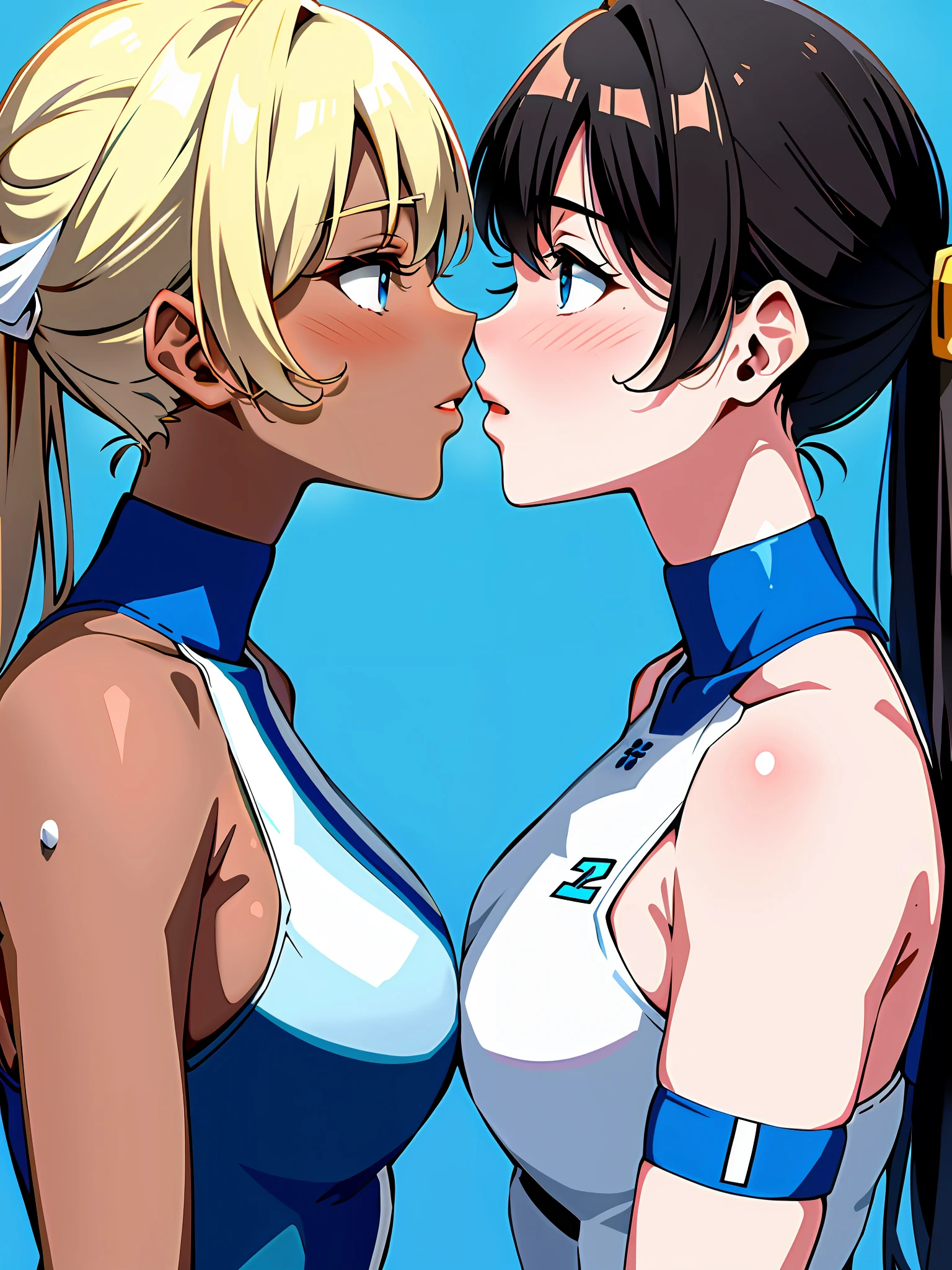 2woman kissing side by side, in white and blue volleyball suits, sleeveless, at the same height, (a brunette, tanned) (a blonde), small, sweaty breasts, masterpiece, best quality, amazing shadows, detailed background, seide shot