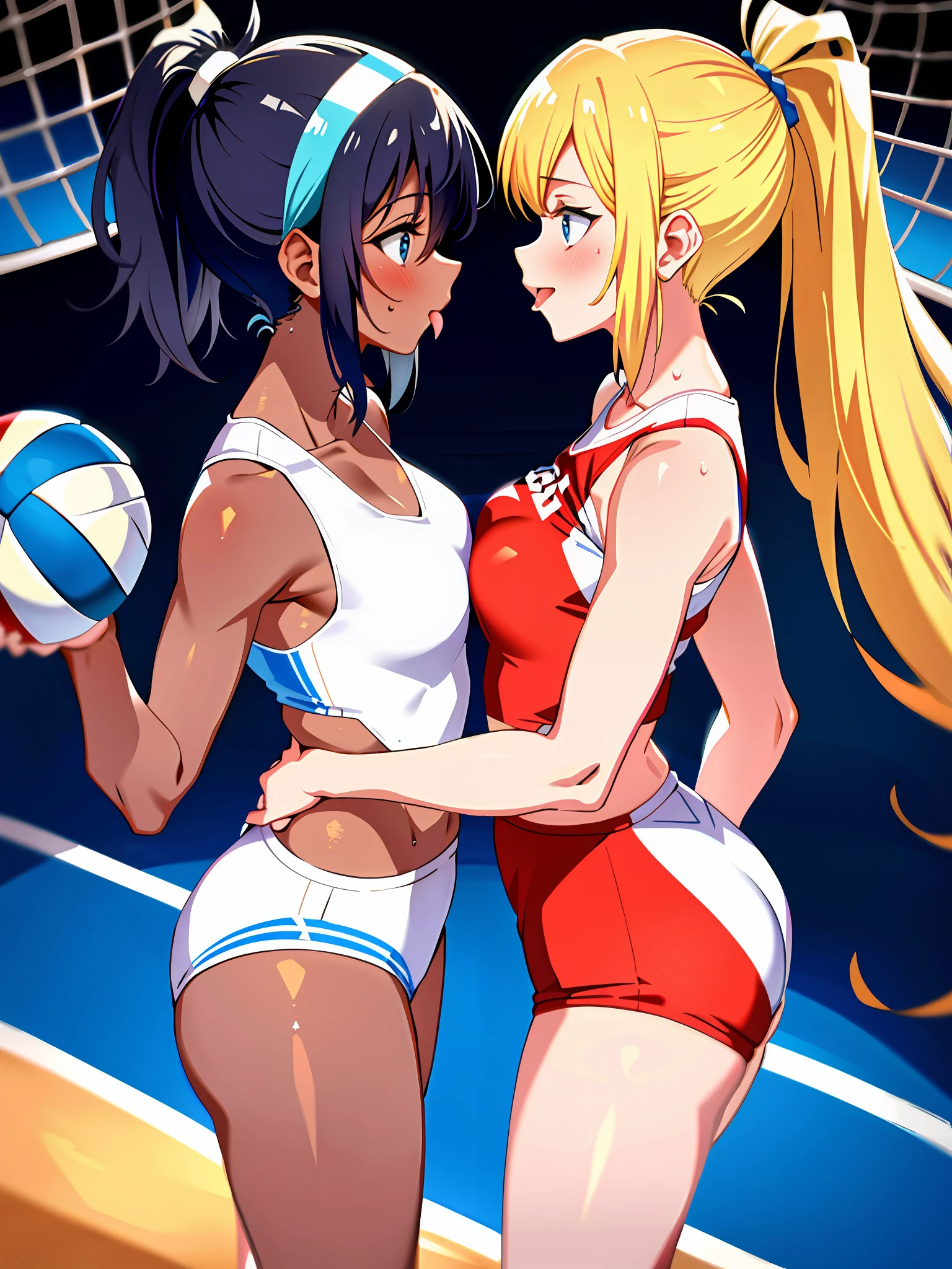 2woman if tongue kissing, in white and blue volleyball suits, sleeveless, at the same height, in a volleyball court (a brunette, tanned) (a blonde), small, sweaty breasts, masterpiece, best quality, amazing shadows, detailed background, side shot