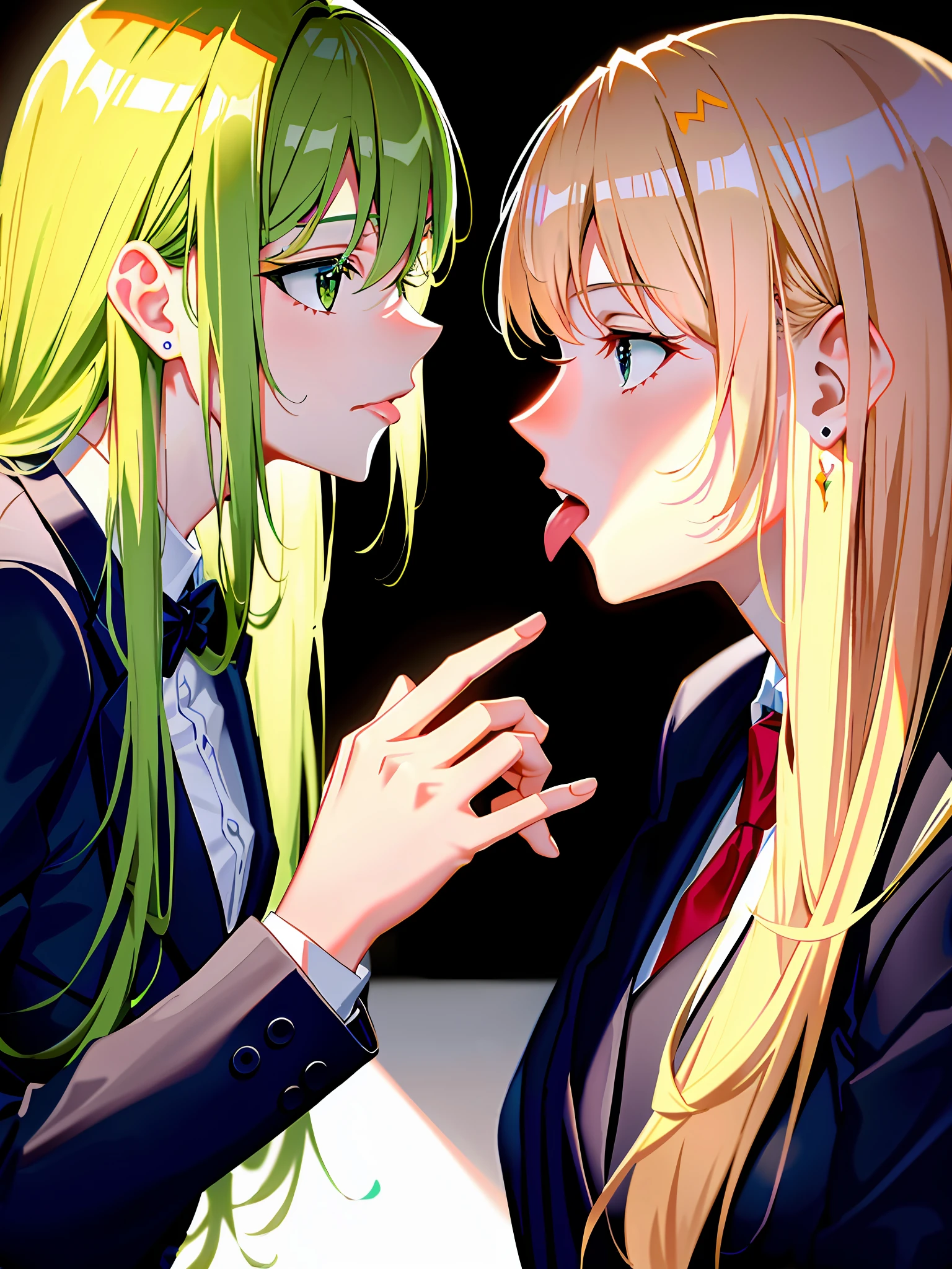 2woman tongue kissing in sexy office suits, at corporation office, (a dark hair, green eye, white skin), (a blonde, long hair with bangs), small breasts, masterpiece, best quality, amazing shadows, detailed background, side shot,