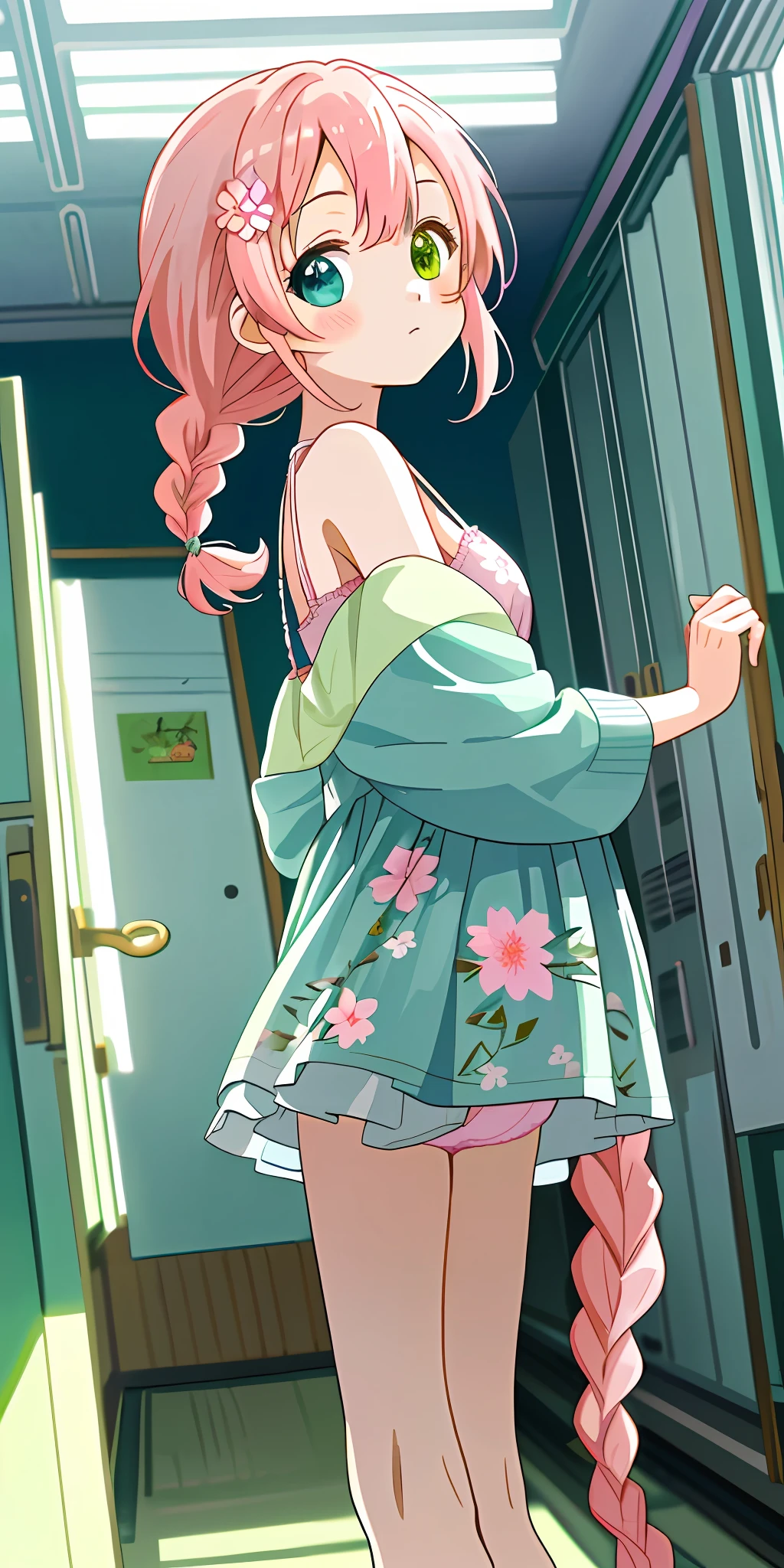 Anime illustrations in the style of "Kyoto Animation", highest quality, (cute: 1.1), 8K, (high resolution: 1.2), incredibly ridiculous: 1.3, incredibly fine illustrations, cute girls, (heterochromia, light blue eyes and light green eyes), standing figure, moody, masterpiece, top quality, absurdity, high resolution, official art, (cute: 1.8), ( Chibi Characters: 1.5), Solo, ((pale pink hair, braids on both sides, cute flower ribbon)), Thin hair, 1 beautiful girl, (cute: 1.8), caregiver, (floral bra, floral panties)) from the bottom, back, changing clothes, changing room, locker, half-naked