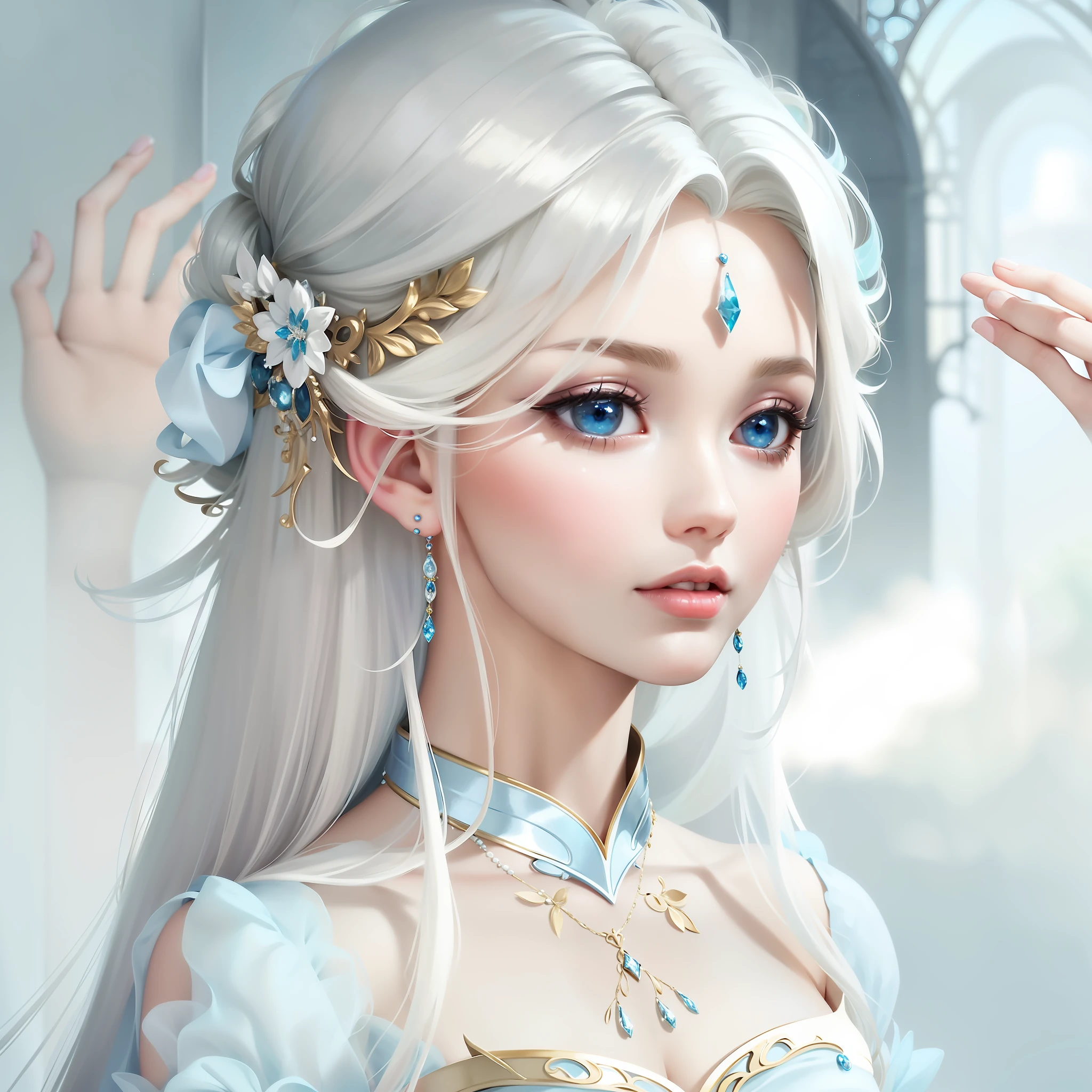 there is a woman with blue eyes and a white dress, beautiful and elegant queen, beautiful fantasy art portrait, beautiful princess, beautiful fantasy art, beautiful costume maiden, fancy art style, beautiful character painting, cute costume portrait, cute and elegant female princess, very beautiful princess portrait, beautiful detailed costume, Highly detailed 4K digital art, very beautiful fantasy art