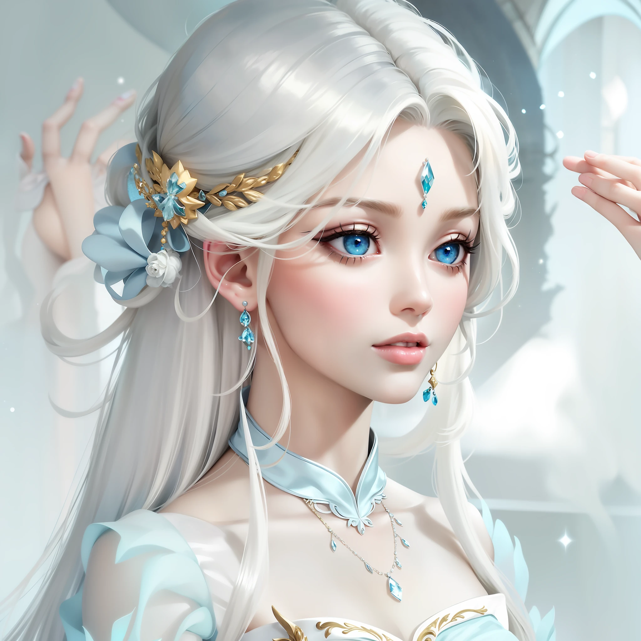 there is a woman with blue eyes and a white dress, beautiful and elegant queen, beautiful fantasy art portrait, beautiful princess, beautiful fantasy art, beautiful costume maiden, fancy art style, beautiful character painting, cute costume portrait, cute and elegant female princess, very beautiful princess portrait, beautiful detailed costume, Highly detailed 4K digital art, very beautiful fantasy art