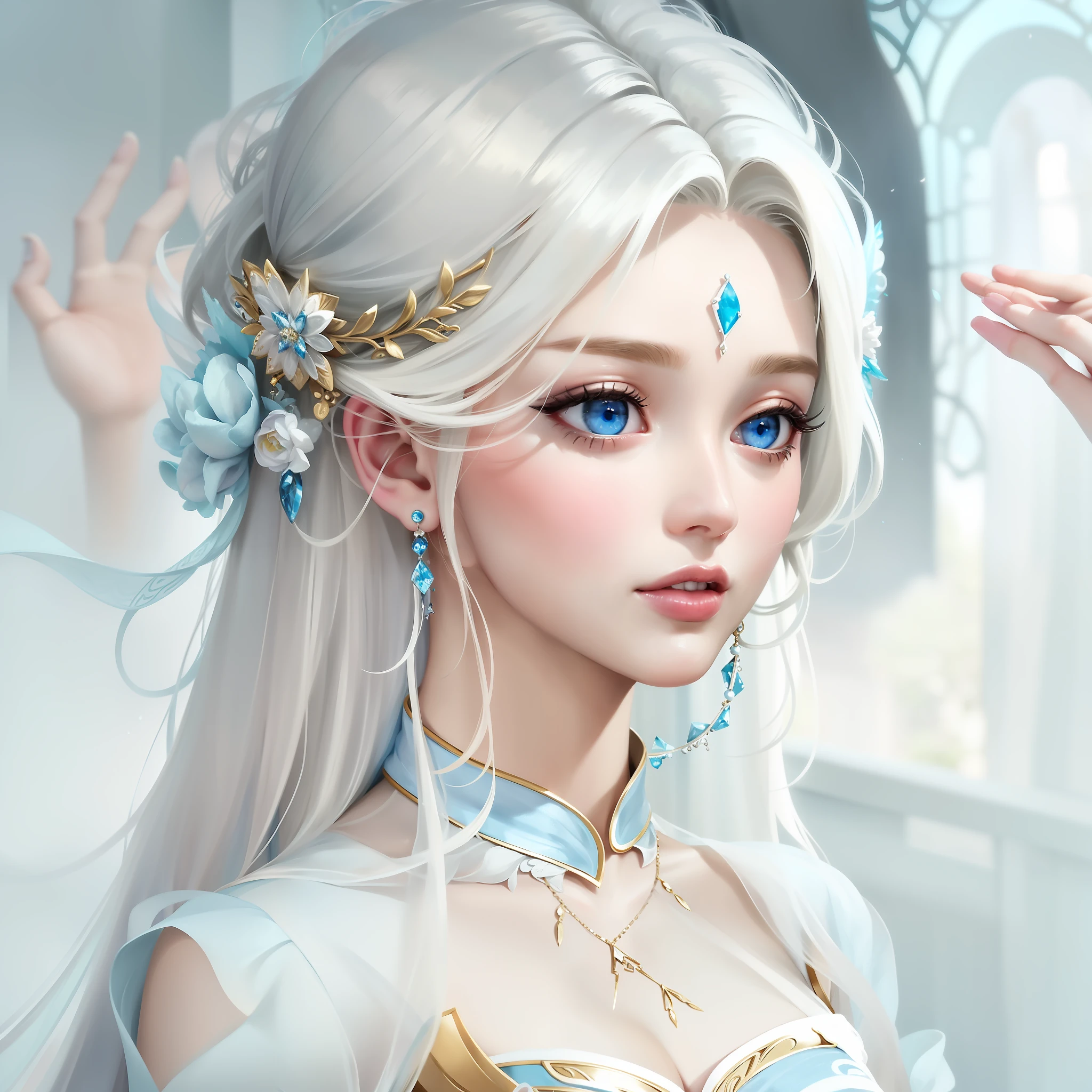 there is a woman with blue eyes and a white dress, beautiful and elegant queen, beautiful fantasy art portrait, beautiful princess, beautiful fantasy art, beautiful costume maiden, fancy art style, beautiful character painting, cute costume portrait, cute and elegant female princess, very beautiful princess portrait, beautiful detailed costume,  Highly detailed 4K digital art, very beautiful fantasy art