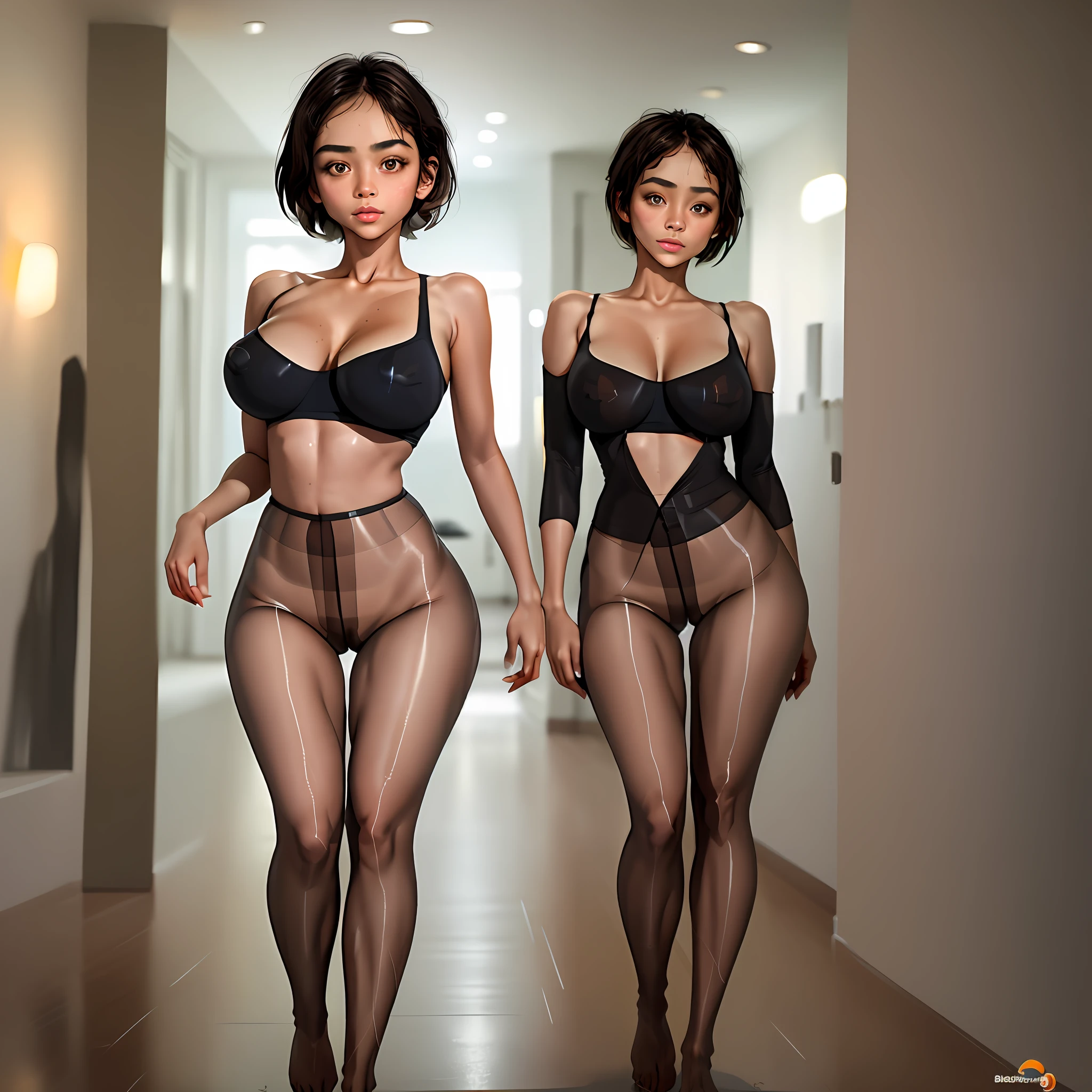 Masterpiece, Best Quality, 1 Girl, Young Girl, Brown Eyes, Short Hairstyle, Tanned Skin (Beautiful Leg Line: 1.3), Slim Waist, Huge Breasts, Depth of Field, Viewer Look, Front, Full Body, Sexy Pose, Wet Panties, Yoga Clothes, Big Eyes