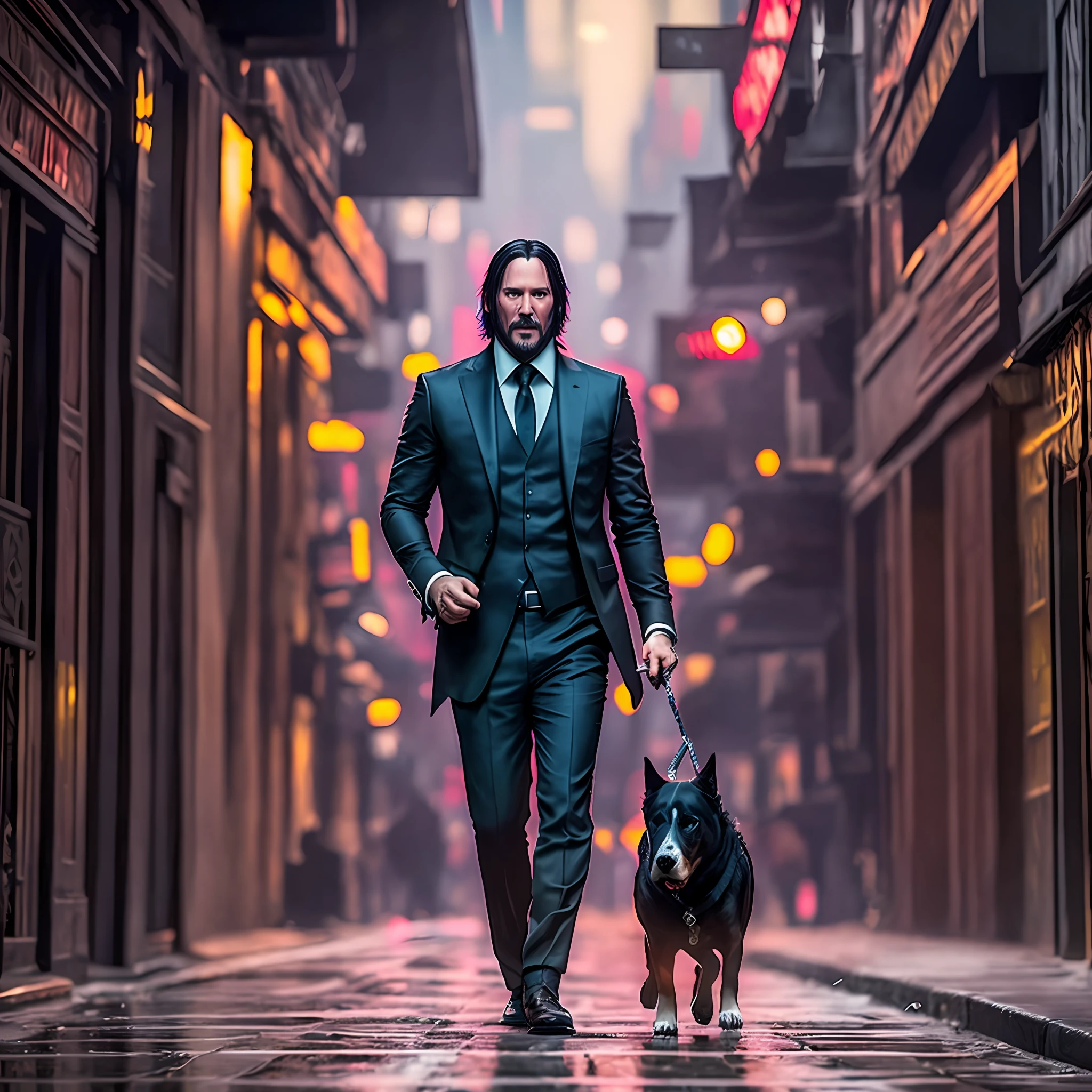 John Wick, with his dog, walking on the street, super details of cinematic lighting, hyper realistic