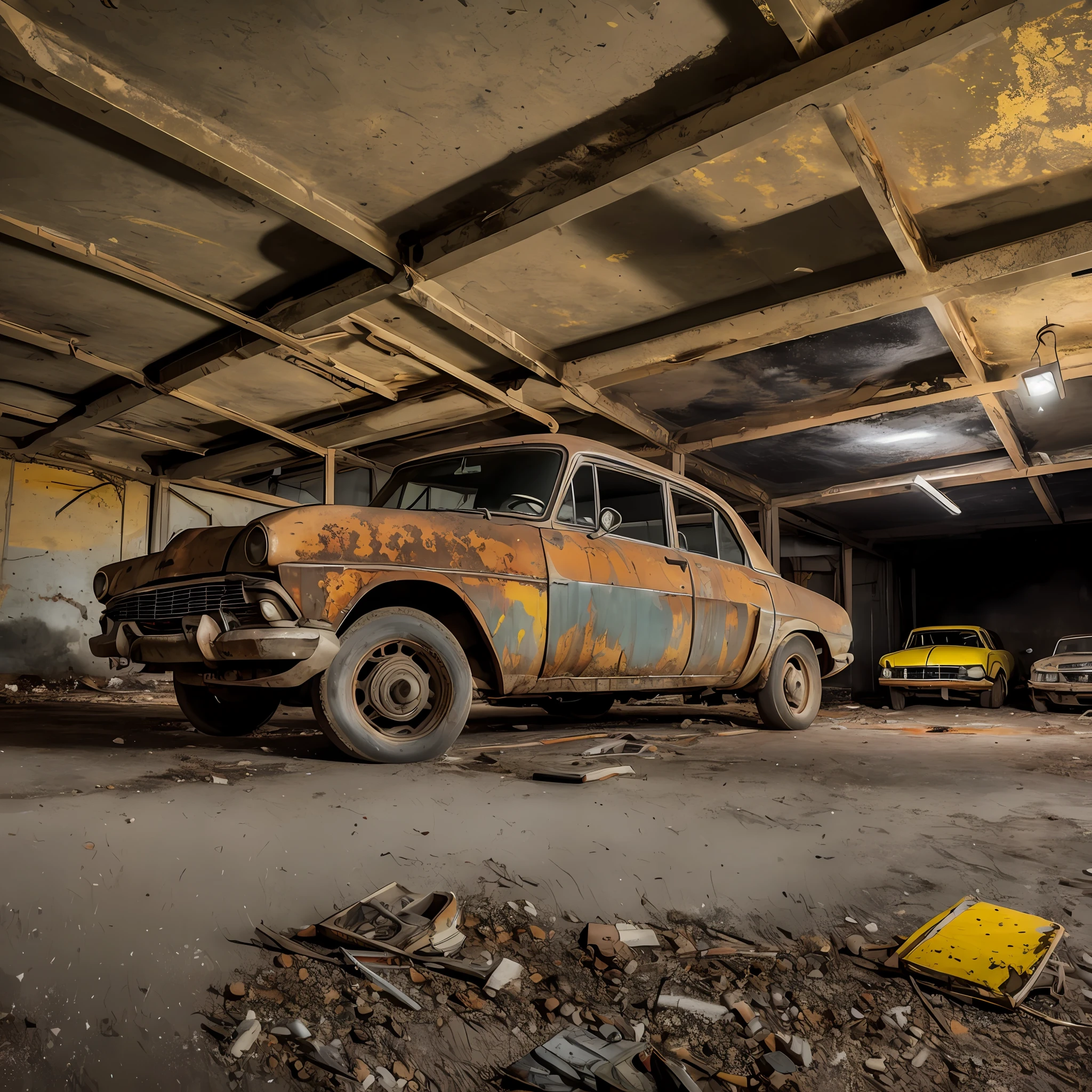 masterpiece, best quality, an interior of a parking lot full of abandoned vehicles (rust, broken headlight), painted beams, pipes on the ceiling, yellow neon spotlights on the ceiling, very dark night, very dark shadows, suspense atmosphere