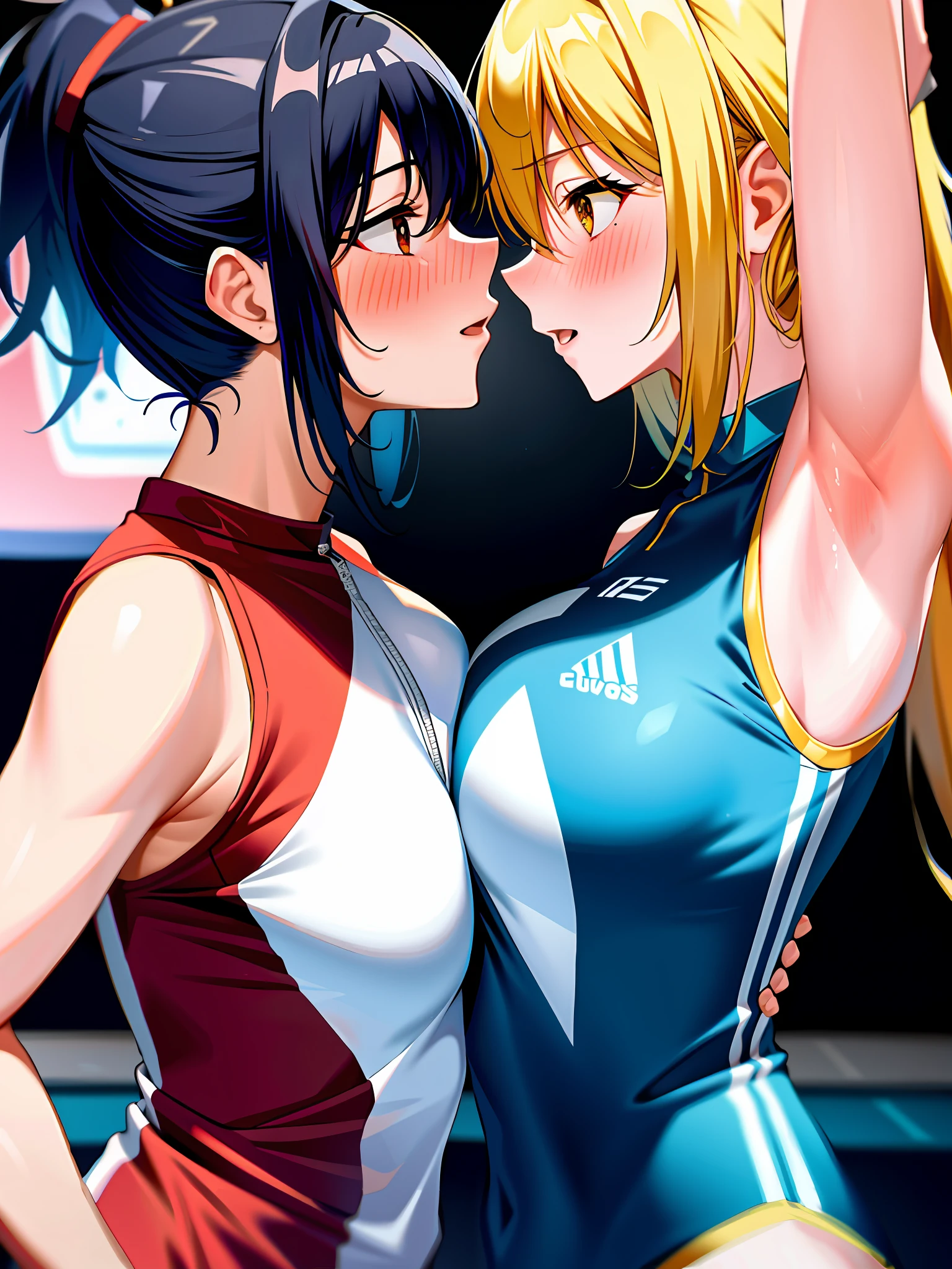 2 women, kissing each other's armpits, arms UP, sexy sports sleeveless clothes, blushing, on a sports court