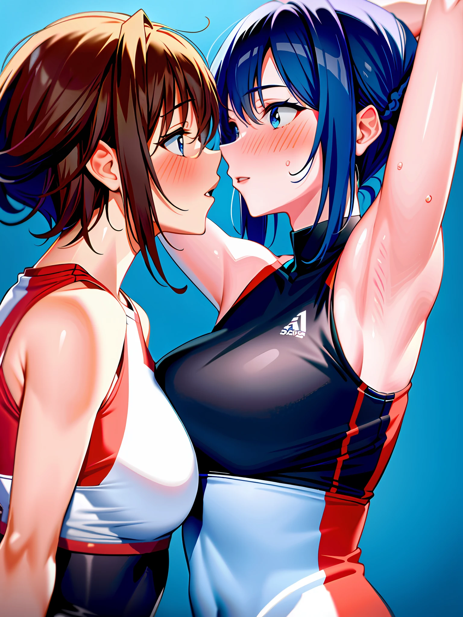 2 women, kissing each other's armpits, arms UP, sexy sports sleeveless clothes, blushing, on a sports court