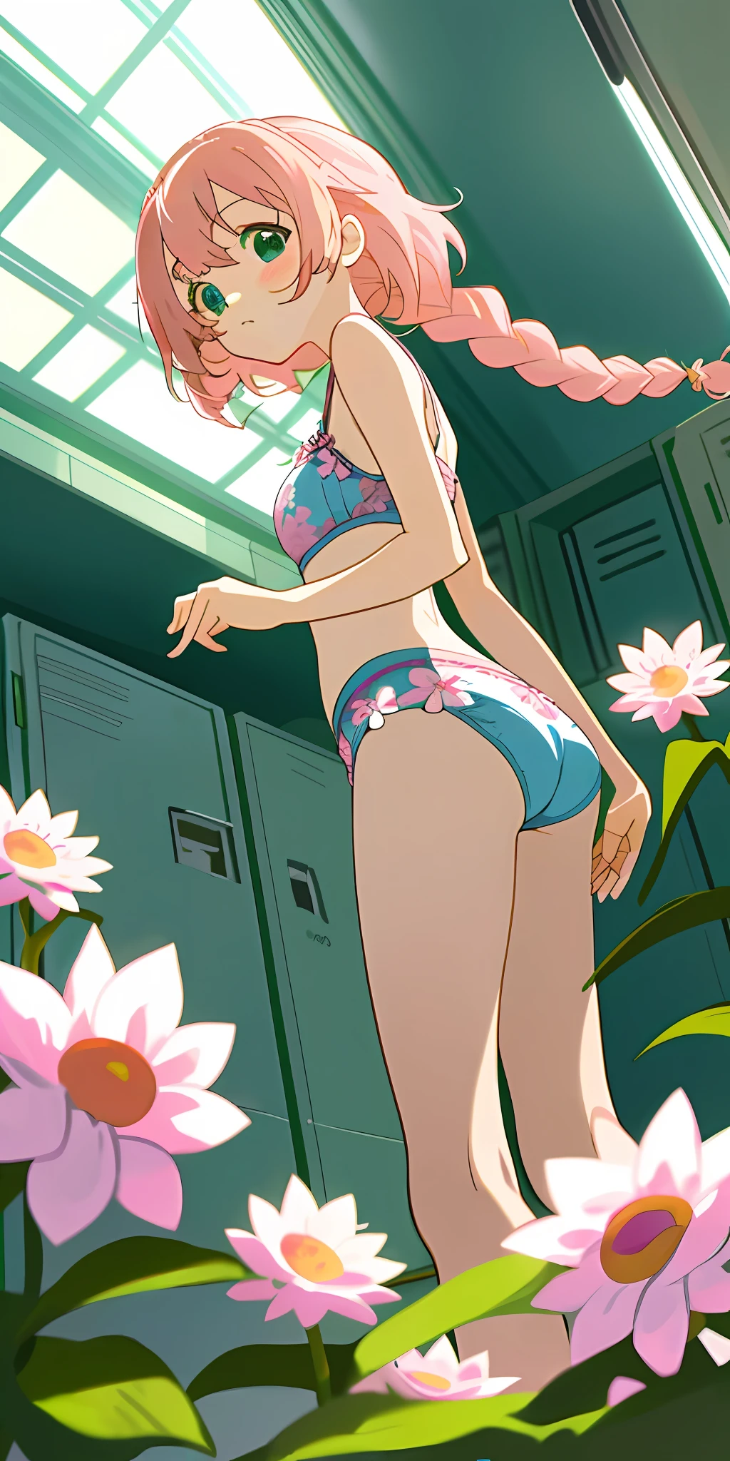 Anime illustrations in the style of "Kyoto Animation", highest quality, (cute: 1.1), 8K, (high resolution: 1.2), incredibly ridiculous: 1.3, incredibly fine illustrations, cute girls, (heterochromia, light blue eyes and light green eyes), standing figure, moody, masterpiece, top quality, absurdity, high resolution, official art, (cute: 1.8), ( Chibi Characters: 1.5), Solo, ((pale pink hair, braids on both sides, cute flower ribbon)), Thin hair, 1 beautiful girl, (cute: 1.8), caregiver, (floral bra, floral panties)) from below, back, changing room, locker, underwear, 😢