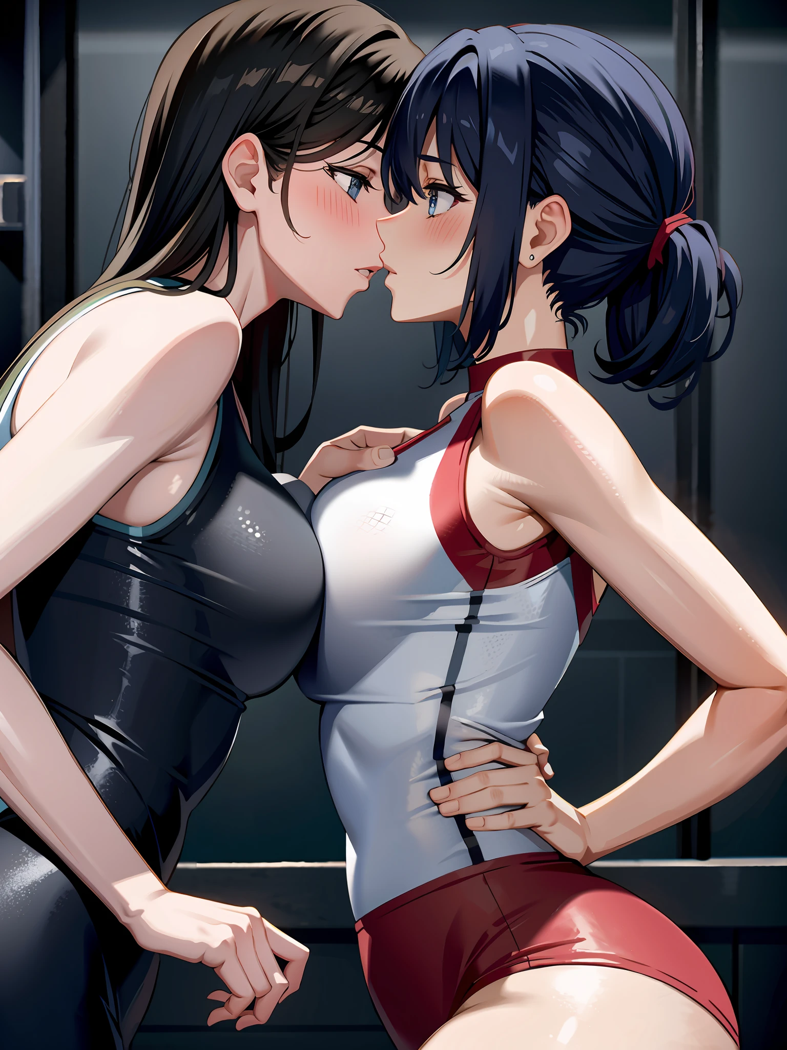 1 woman kissing another woman's armpit, sexy sports sleeveless clothes, blushing, on a sports court