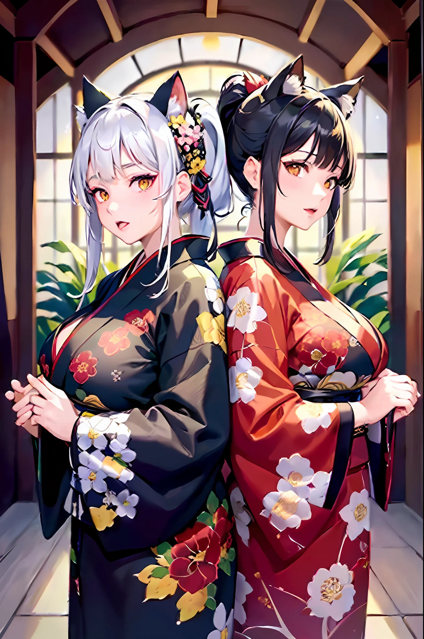 (Masterpiece), (Highest Resolution), (Best Quality), (2 Girls), (Bouquet), (Black Kimono, Big Breasts, Cat Ears, Floral Pattern, Red Eyes, Black Hair, Ponytail), (White Kimono, Big Breasts, Cat Ears, Floral Pattern, Yellow Eyes, White Hair, Twin Tails)