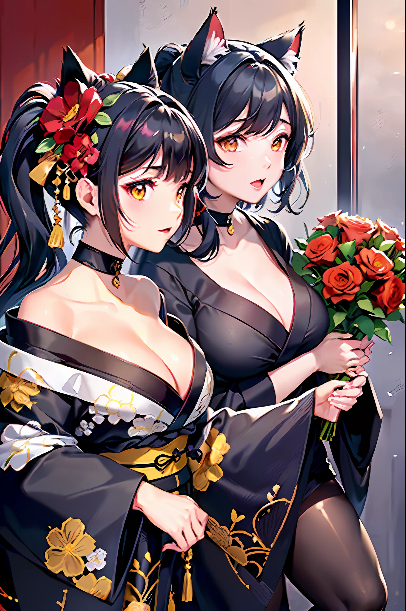 (Masterpiece), (Highest Resolution), (Best Quality), (2 Girls), (Bouquet), (Black Kimono, Big Breasts, Cat Ears, Floral Pattern, Red Eyes, Black Hair, Ponytail), (White Kimono, Big Breasts, Cat Ears, Floral Pattern, Yellow Eyes, White Hair, Twin Tails)