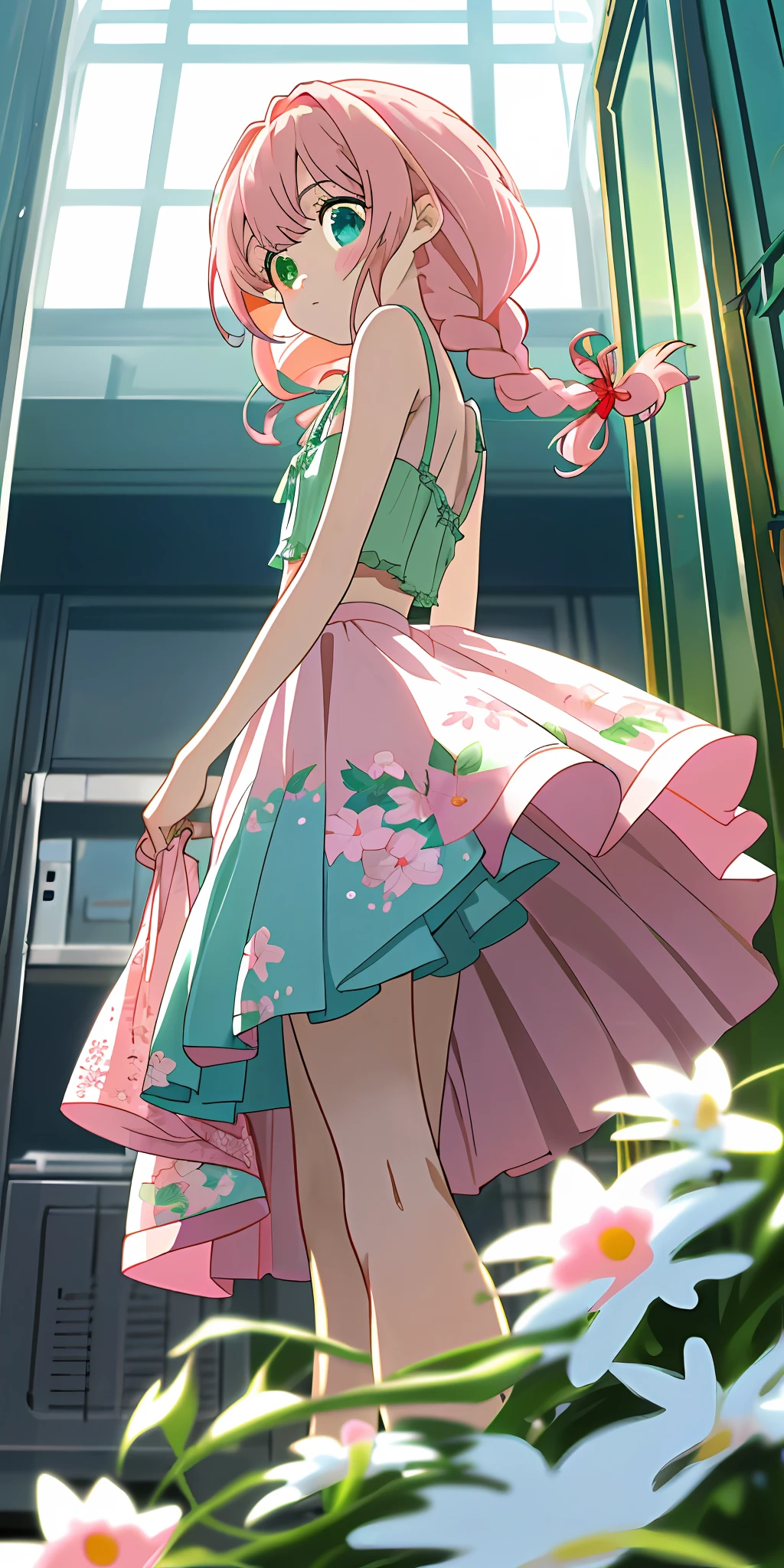 Anime illustrations in the style of "Kyoto Animation", highest quality, (cute: 1.1), 8K, (high resolution: 1.2), incredibly ridiculous: 1.3, incredibly fine illustrations, cute girls, (heterochromia, light blue eyes and light green eyes), standing figure, moody, masterpiece, top quality, absurdity, high resolution, official art, (cute: 1.8), ( Chibi Characters: 1.5), Solo, ((pale pink hair, braids on both sides, cute flower ribbon)), Thin hair, 1 beautiful girl, (cute: 1.8), caregiver, (floral bra, floral panties)) from below, back, changing room, locker, underwear, 😢