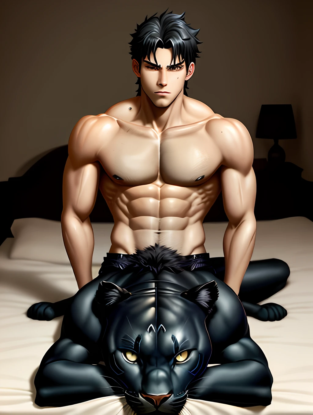 Furry attractive male panther sweating a lot, on top of a boy in bed in a room, photorealistic, anime art style, high quantity, masterpiece