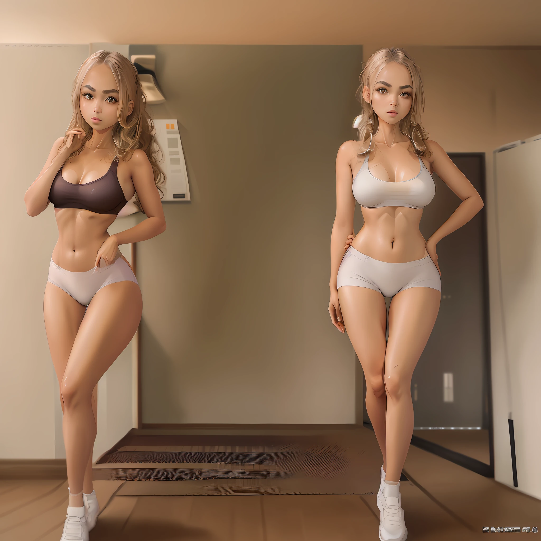 Masterpiece, Best Quality, 1 Girl, Young Girl, Brown Eyes, Drilled Hair, Tanned Skin (Beautiful Leg Line: 1.3), Slim Waist, Huge Breasts, Depth of Field, Viewer Look, Front, Full Body, Sexy Pose, Thin Panties, Wet Panties, Yoga Clothes, Beautiful Face, Big Eyes