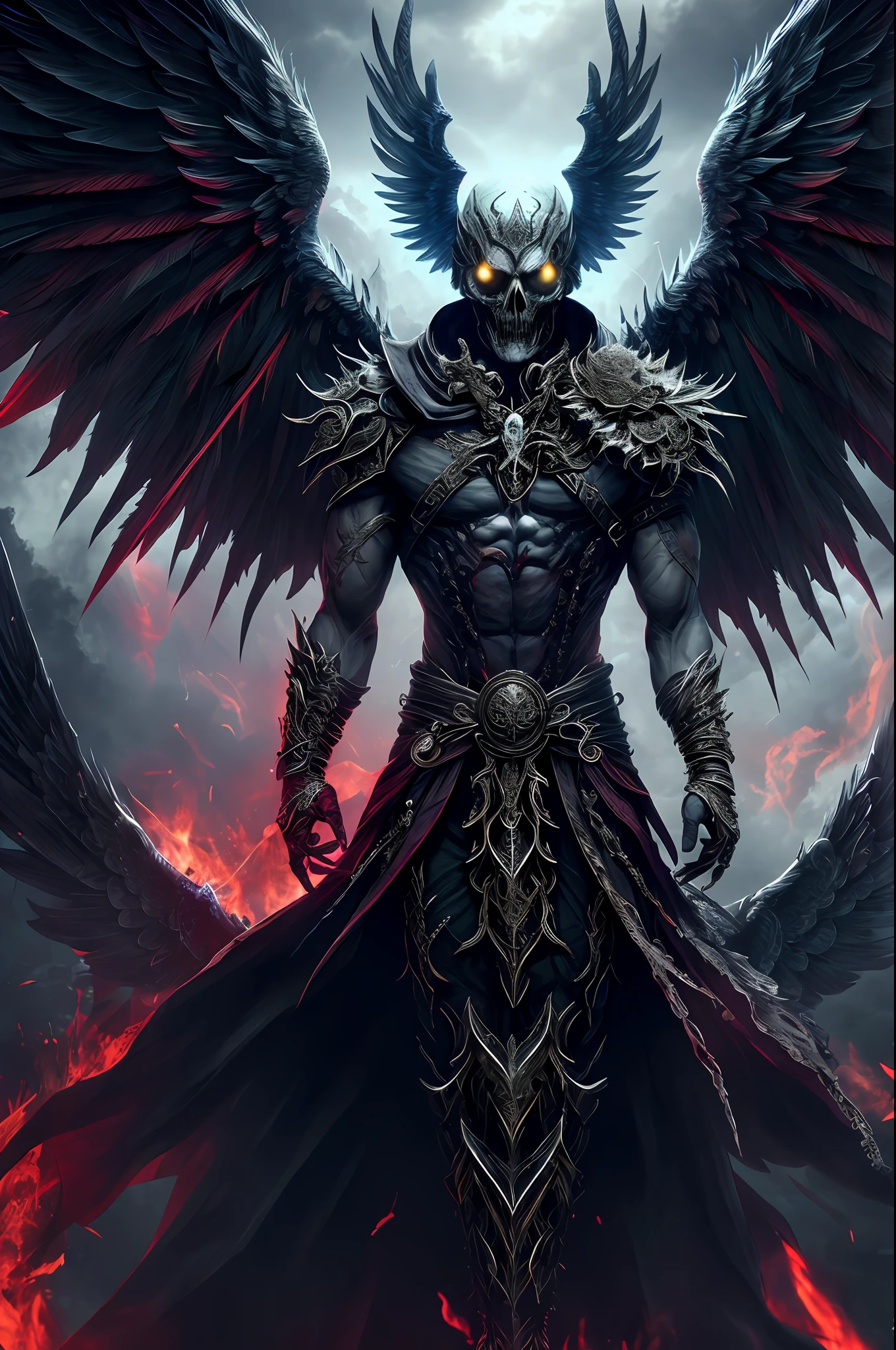 (very detailed 8k wallpaper), super realistic of a terrifying necromancer, intricate, high detail, dramatic, with wings