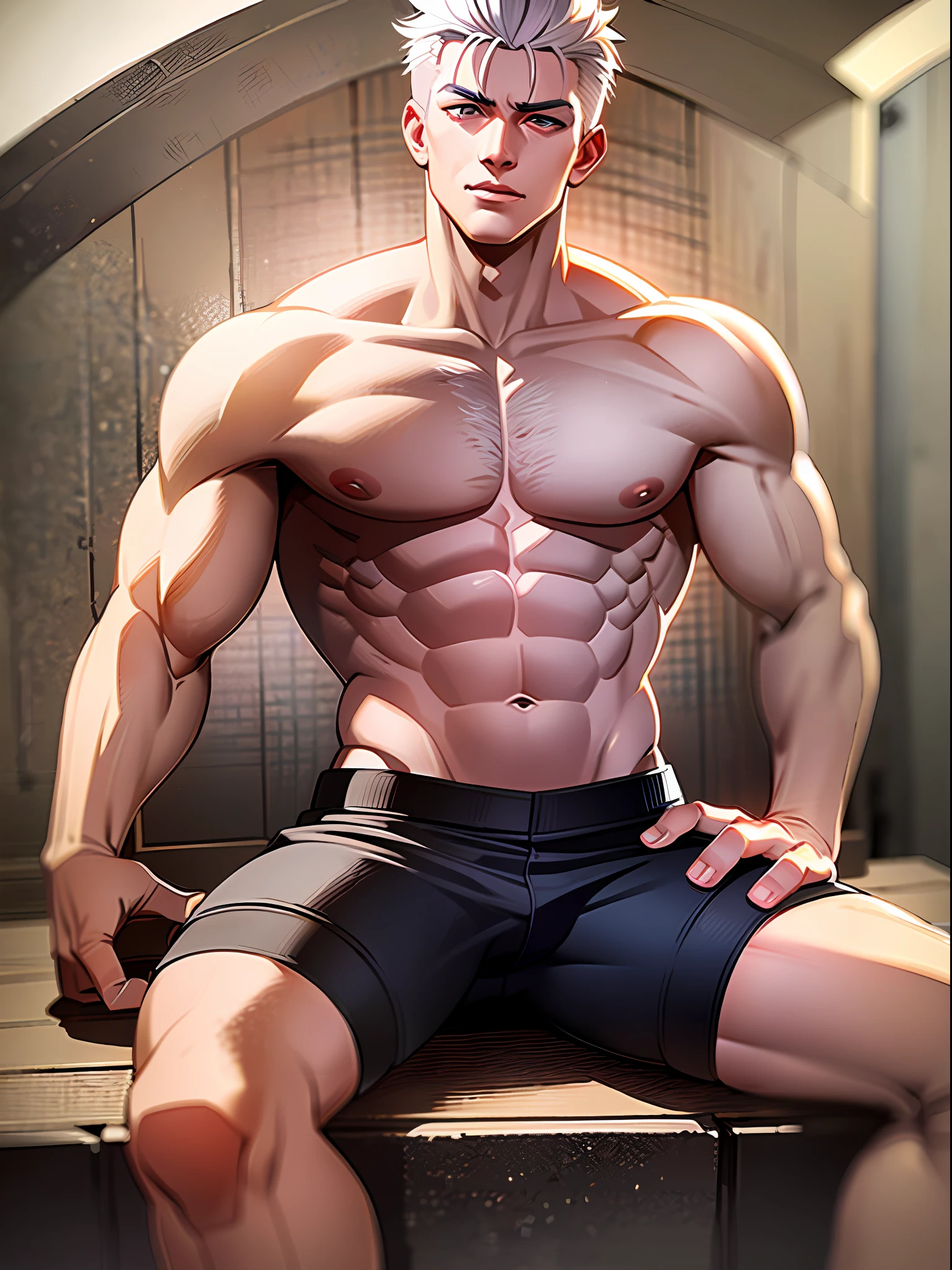white hair,young pumped man, cowboy, on farm, naked torso, chaps, 4 sit-ups, lewd look,detailed face, detailed hair, detailed hands, detailed legs, detailed eyes, detailed skin, dynamic lighting
