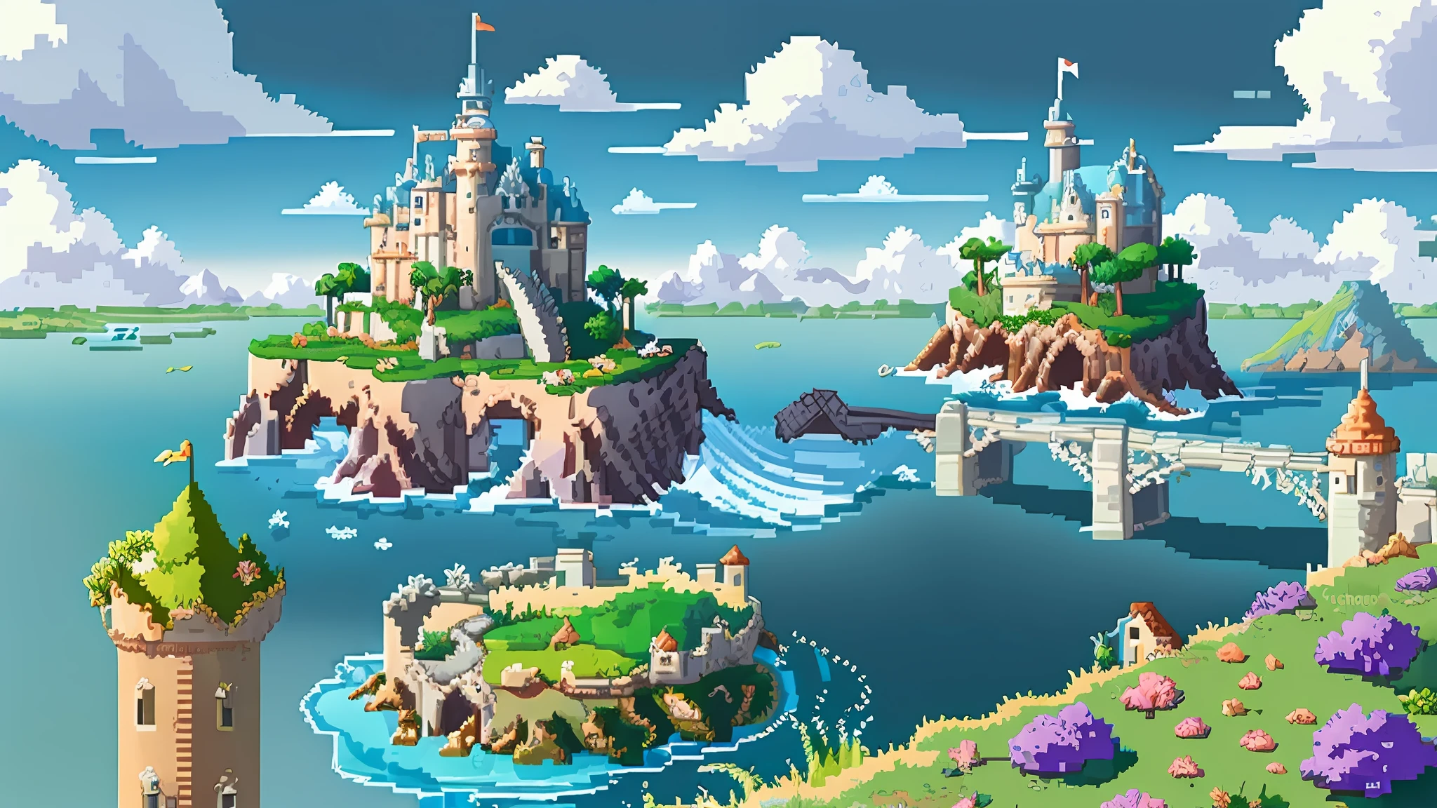 a close up of a cartoon castle on a grassy field, island background, game background, pixel art animation, made in rpg maker, videogame background, high quality pixel art, epic background, beautiful detailed pixel art, ocean in the background, random background scene, mobile game background, view(full body + zoomed out), distant background, rpg background, 2 d sprite