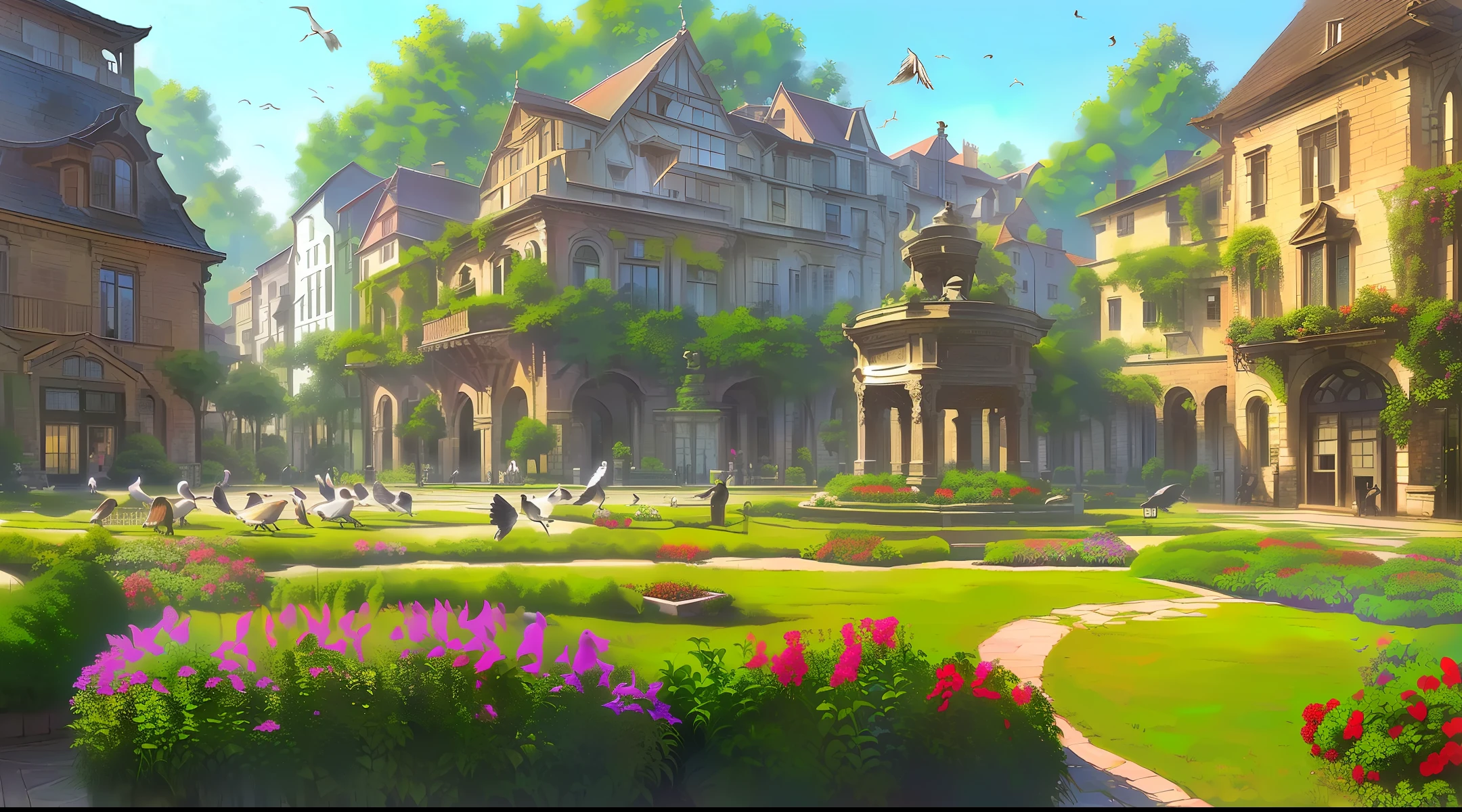 Create an image of a popular square with garden and birds