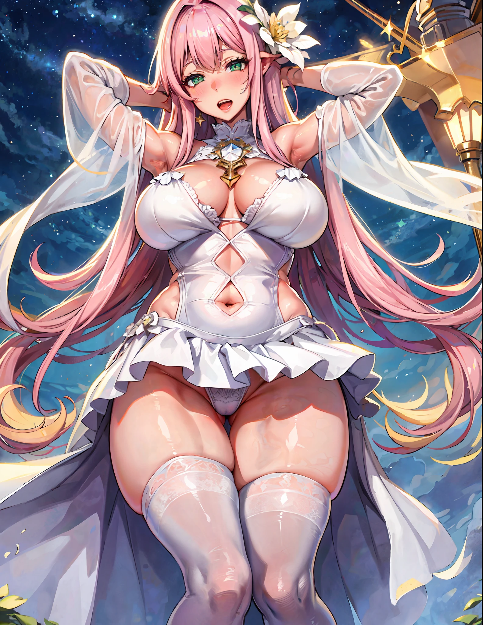 (masterpiece), (best quality), best illumination, 1girl, best shadow, an extremely delicate and beautiful, finely detail, depth of field, bloom, shine, glinting stars, classic, highres, original, perfect lighting, colorful, light smile, pink hair, long hair, green eyes, huge breasts, thick thighs, blush, open mouth, on bed, arms up, from below, [thigh gap], white lingerie, white thighhighs, pink,, pov,