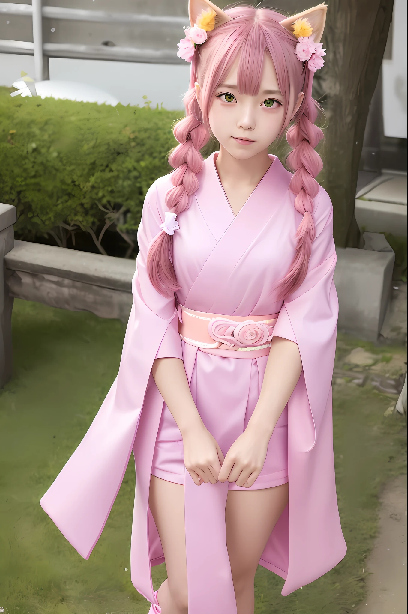 Top quality, super high resolution, photo, cute girl photo, detailed face, (PureErosFace_V1: 0.008), 18 years old, pink and straight long twin tails, eyes are yellow, cat ears of the same color as hair, kimono, summer festival background, no makeup