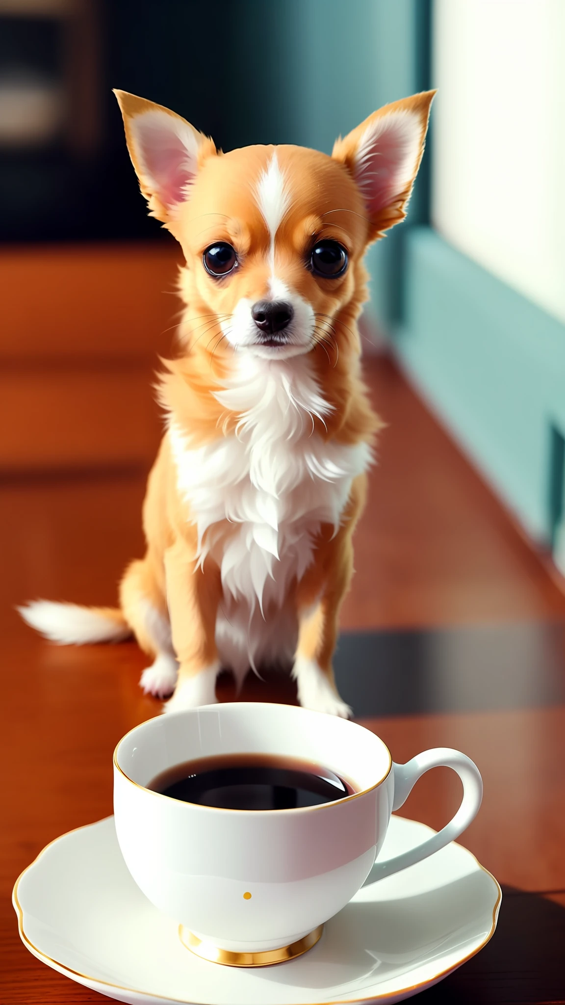 Cute dog long coat Chihuahua in teacup, big eyes, 8k, delicate, clear, ((real)), has its paws sticking out of the teacup, sticks out its tongue, ((cute)), ((small)), professional photographer, professional photography, (((fur is fluffy))), antique teacup, (face sticking out of teacup), coffee shop, indoors, sunlight, Light leaks, photogenic reality