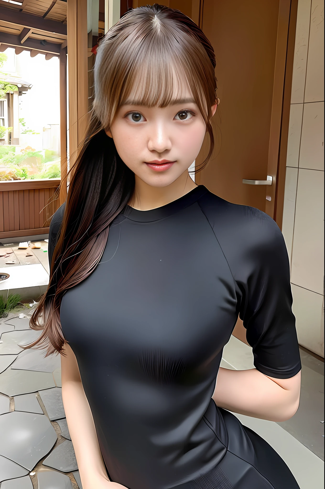 (Ultra Real), (Illustration), (High Resolution), (16K), (Very Detailed), (Best Illustration), (Beautiful Detailed Eyes), (Best Quality), (Ultra Detailed), (Masterpiece), (Wallpaper), (Detailed Face), Solo 1 Girl, High Ponytail Hair, Korean, Iris Heterochromic Eyes, Big Bust, Tight Fit and Wet T-Shirt, Colorful Yoga Pants, Long Legs, Tight Abs, Gravure pose in ruins with natural light, bondage, NUDE