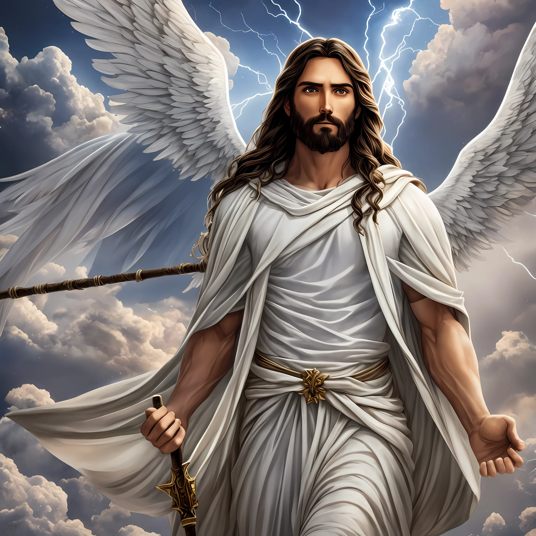 Jesus hovered over the cloud, wearing a white robe, holding a staff, surrounded by angels. Lightning is seen in the background. The texture of the scene is hyper-realistic. (Jesus: 1.5), (angels: 1.2), (lightning: 1.1), (heaven: 1.3), (hyperrealism: 1.4), (realistic scene: 1.5), (staff: 1.1).