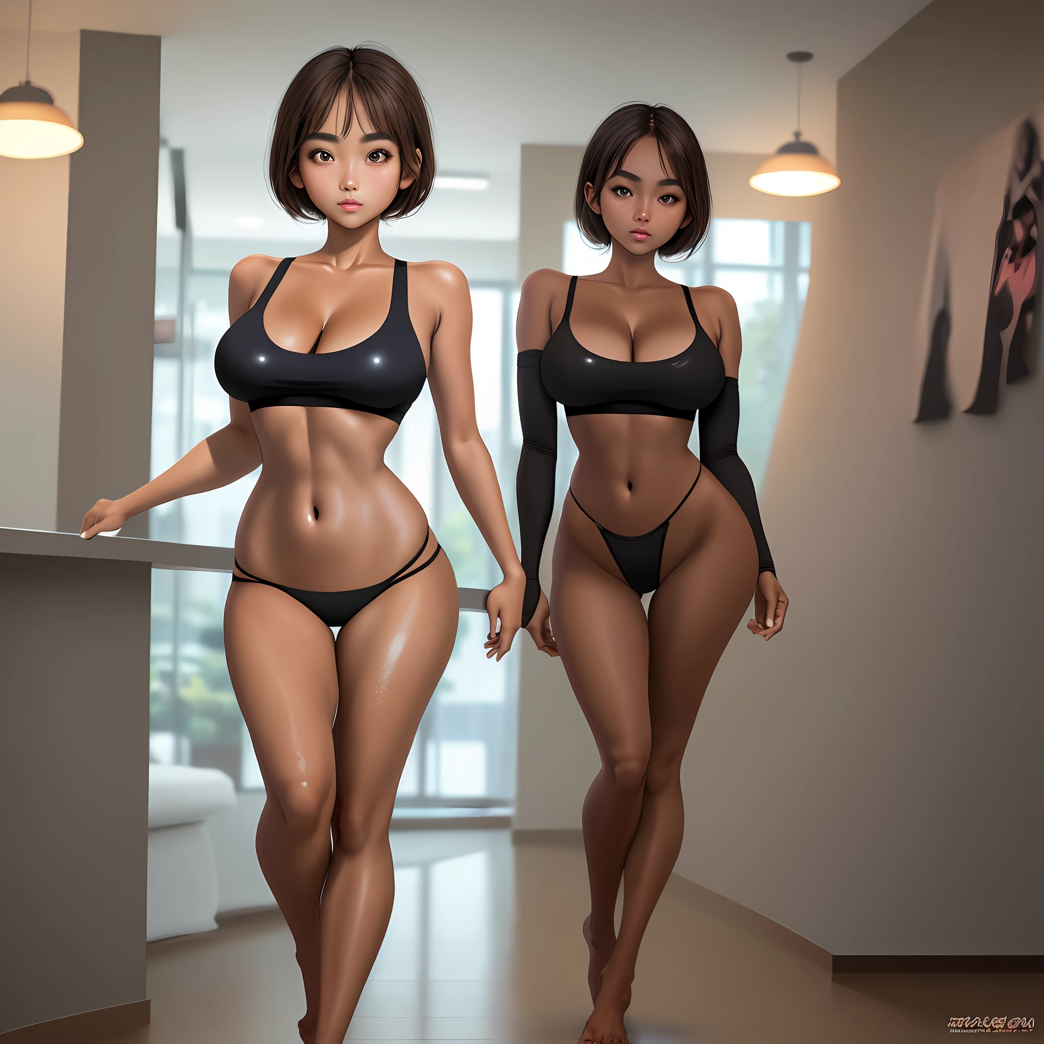 Masterpiece, Best Quality, 1 Girl, Young Girl, Brown Eyes, Drilled Hair, Tanned Skin (Beautiful Leg Line: 1.3), Slim Waist, Huge Breasts, Depth of Field, Viewer Look, Front, Full Body, Sexy Pose, Thin Panties, Wet Panties, Yoga Clothes, Beautiful Face, Big Eyes, Glossy Skin