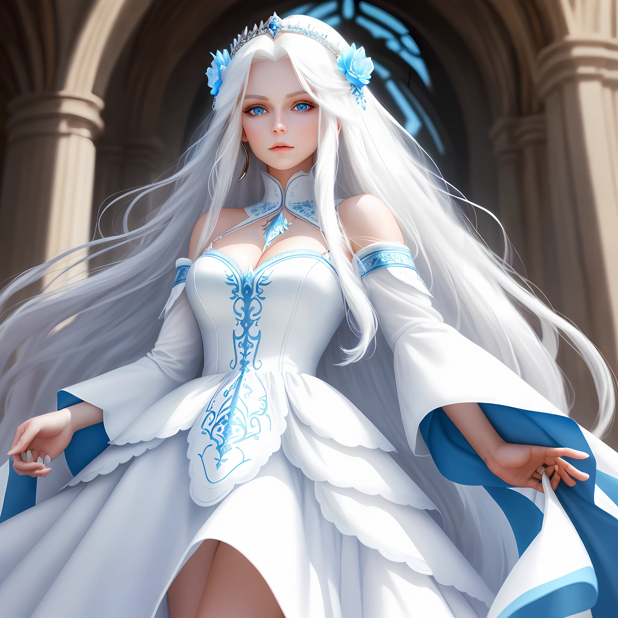 A beautiful goddess with long white hair and blue eyes, wearing an extremely beautiful strap and a white dress is extremely perfect